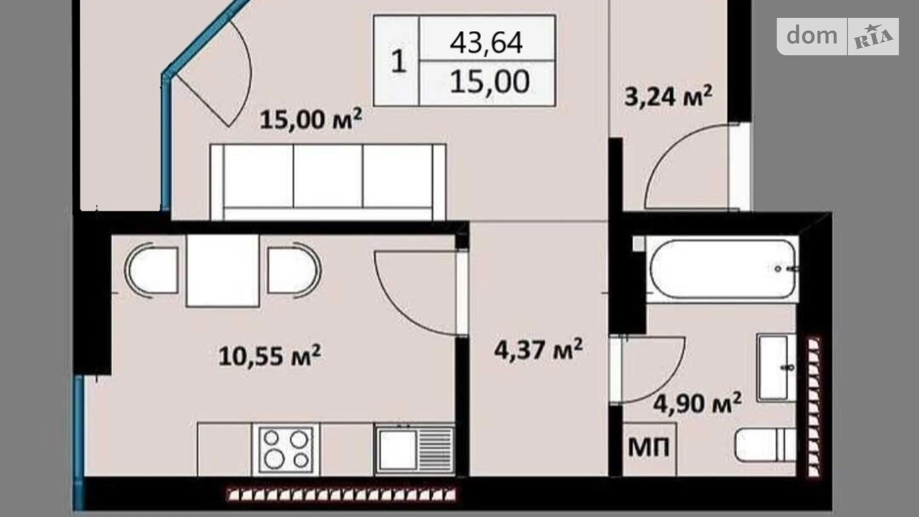 Продається 1-кімнатна квартира 43.64 кв. м у Ужгороді, вул. Возз'єднання