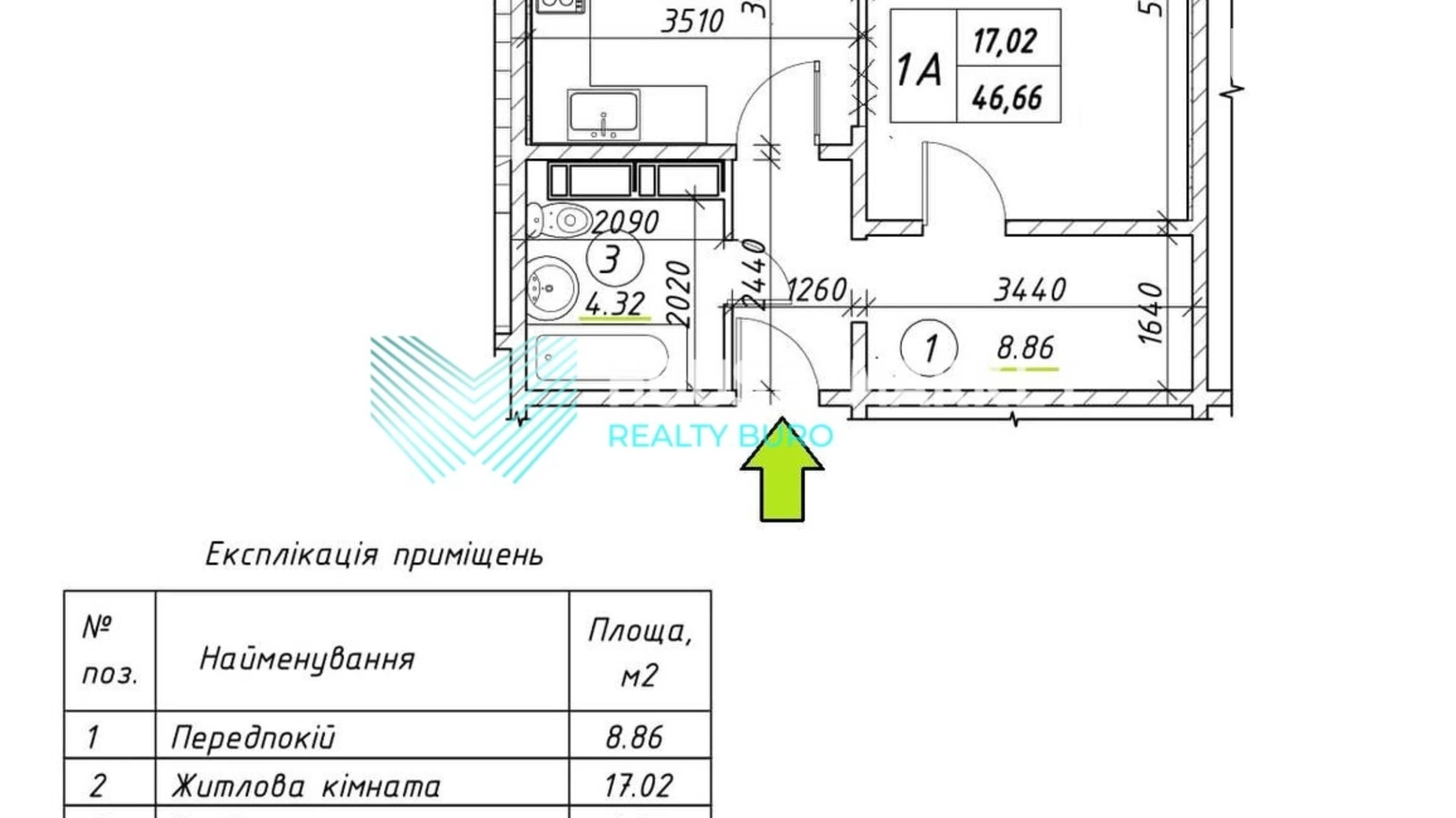 Продається 1-кімнатна квартира 46.66 кв. м у Києві, вул. Ревуцького, 54Б