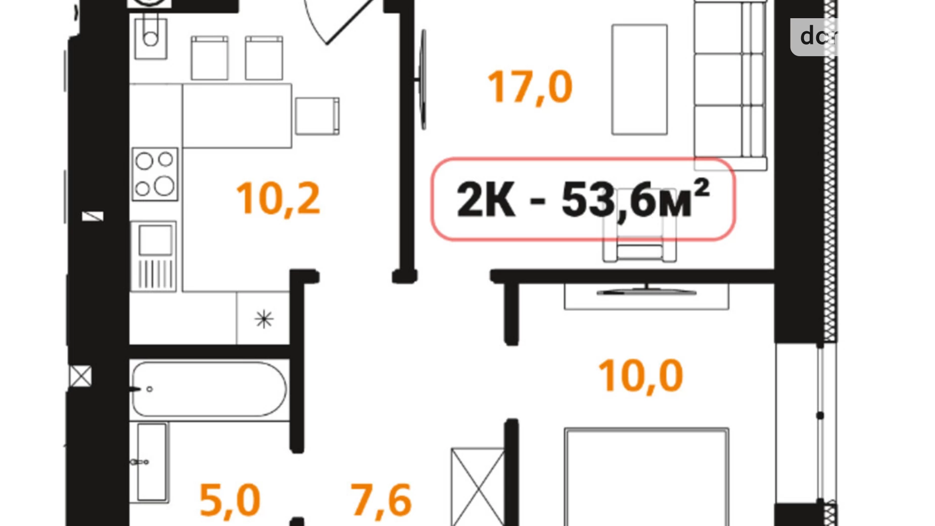 Продается 2-комнатная квартира 53.6 кв. м в, цена: 38592 $ - фото 2