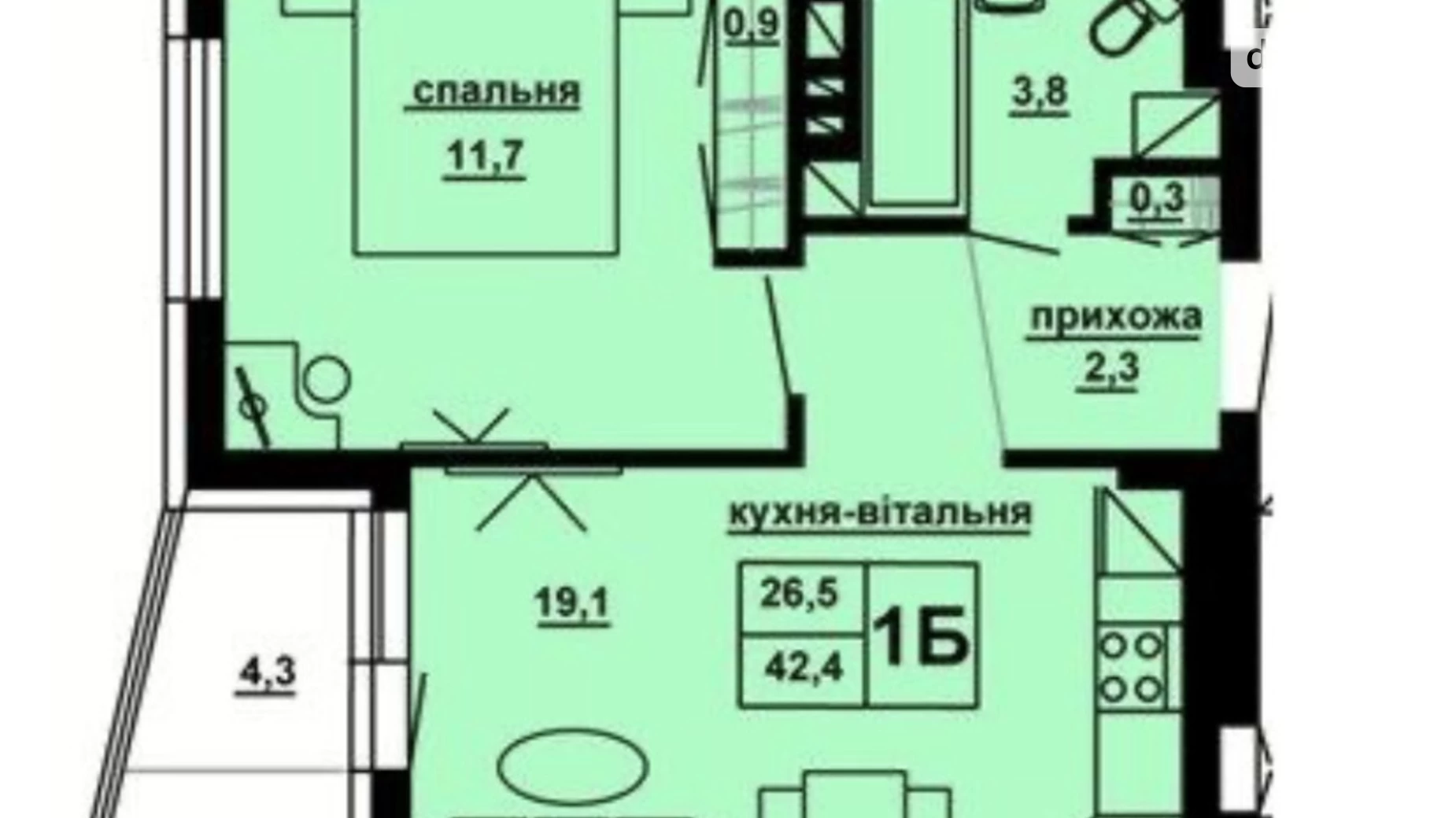 1-комнатная квартира 42 кв. м в Тернополе, ул. Опильского Юлиана