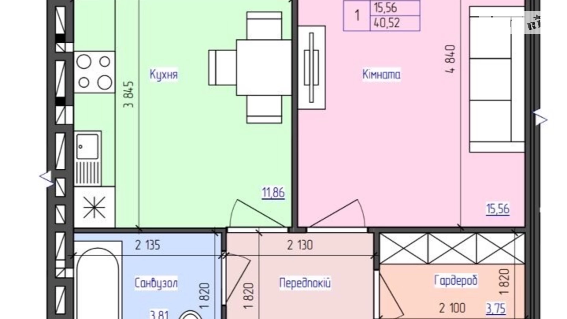 1-комнатная квартира 41 кв. м в Луцке