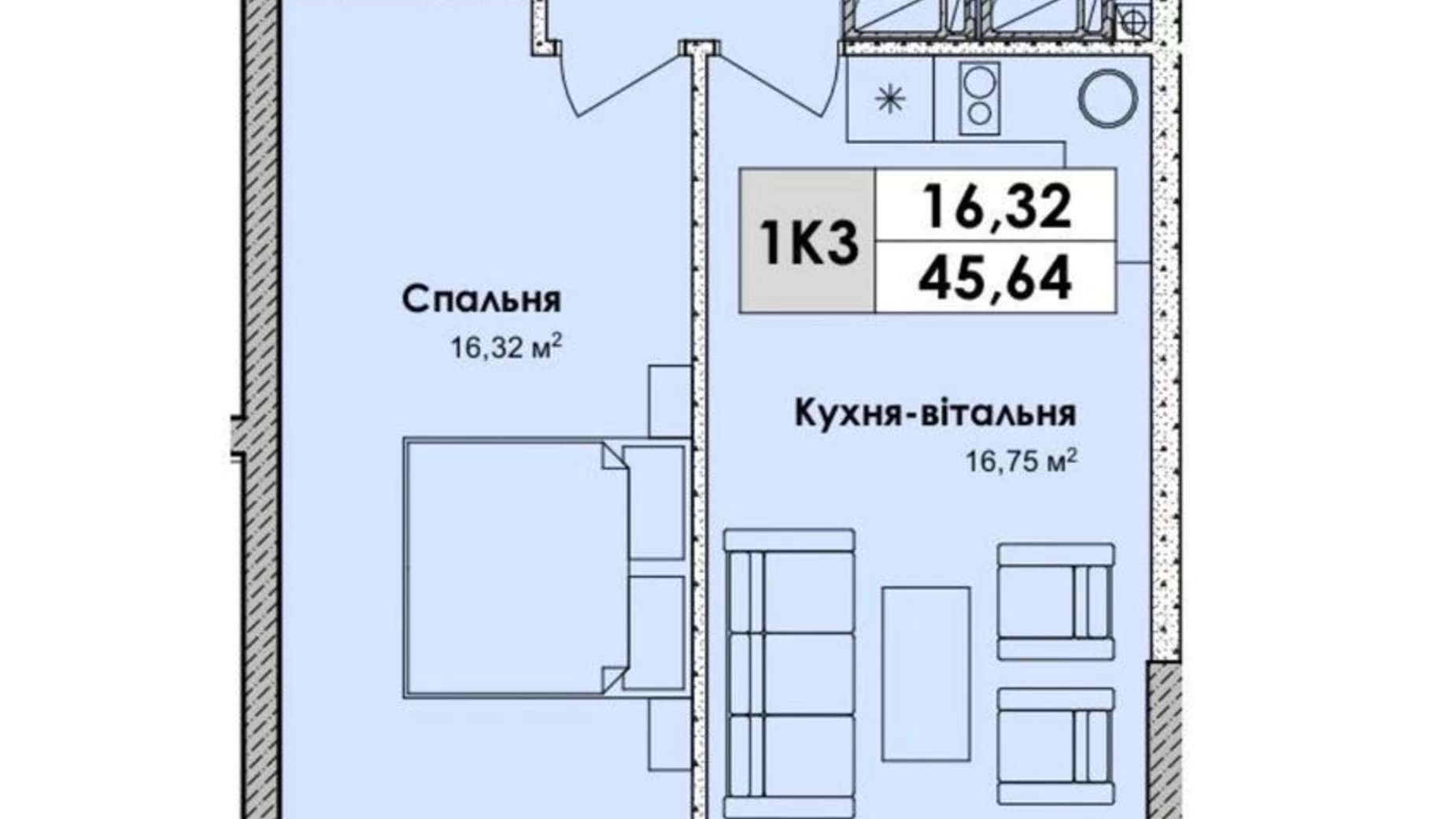 Продається 1-кімнатна квартира 45.64 кв. м у Києві, просп. Миколи Бажана, 17