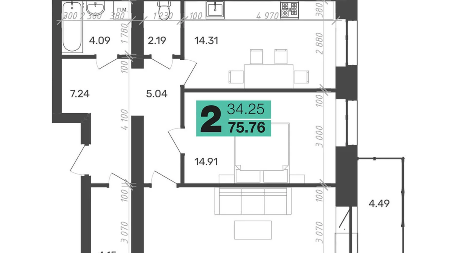 Продается 2-комнатная квартира 75.76 кв. м в Полтаве, цена: 62306 $ - фото 2