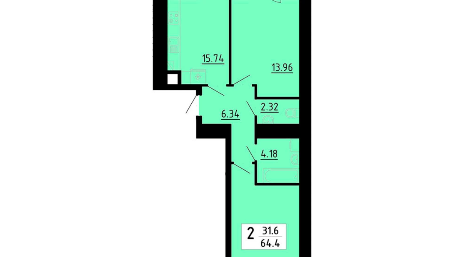 2-кімнатна квартира 64.4 кв. м у Тернополі, цена: 2093000 грн - фото 2