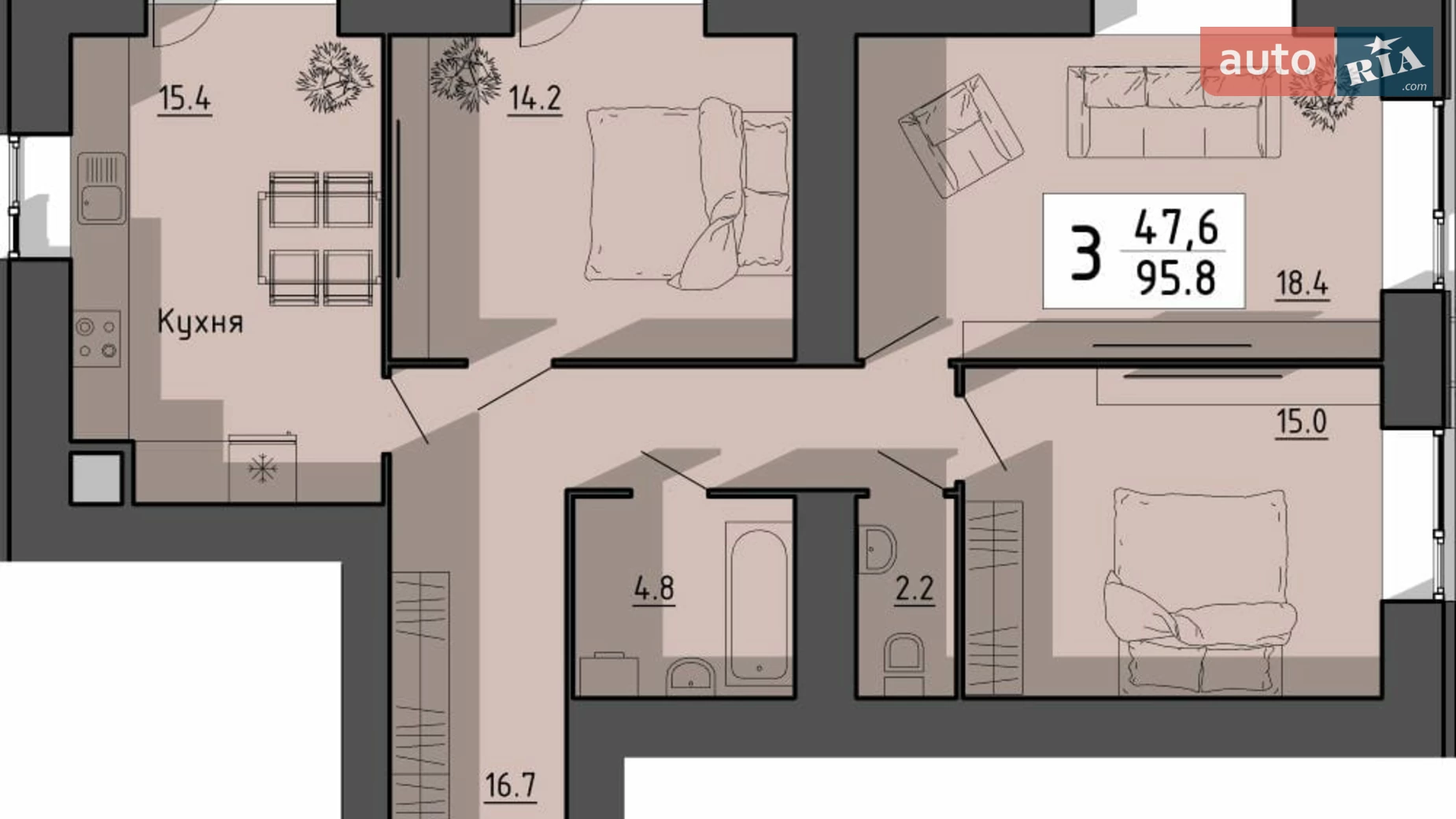 3-комнатная квартира 95.8 кв. м в Тернополе, пер. Генерала Мирона Тарнавского - фото 2