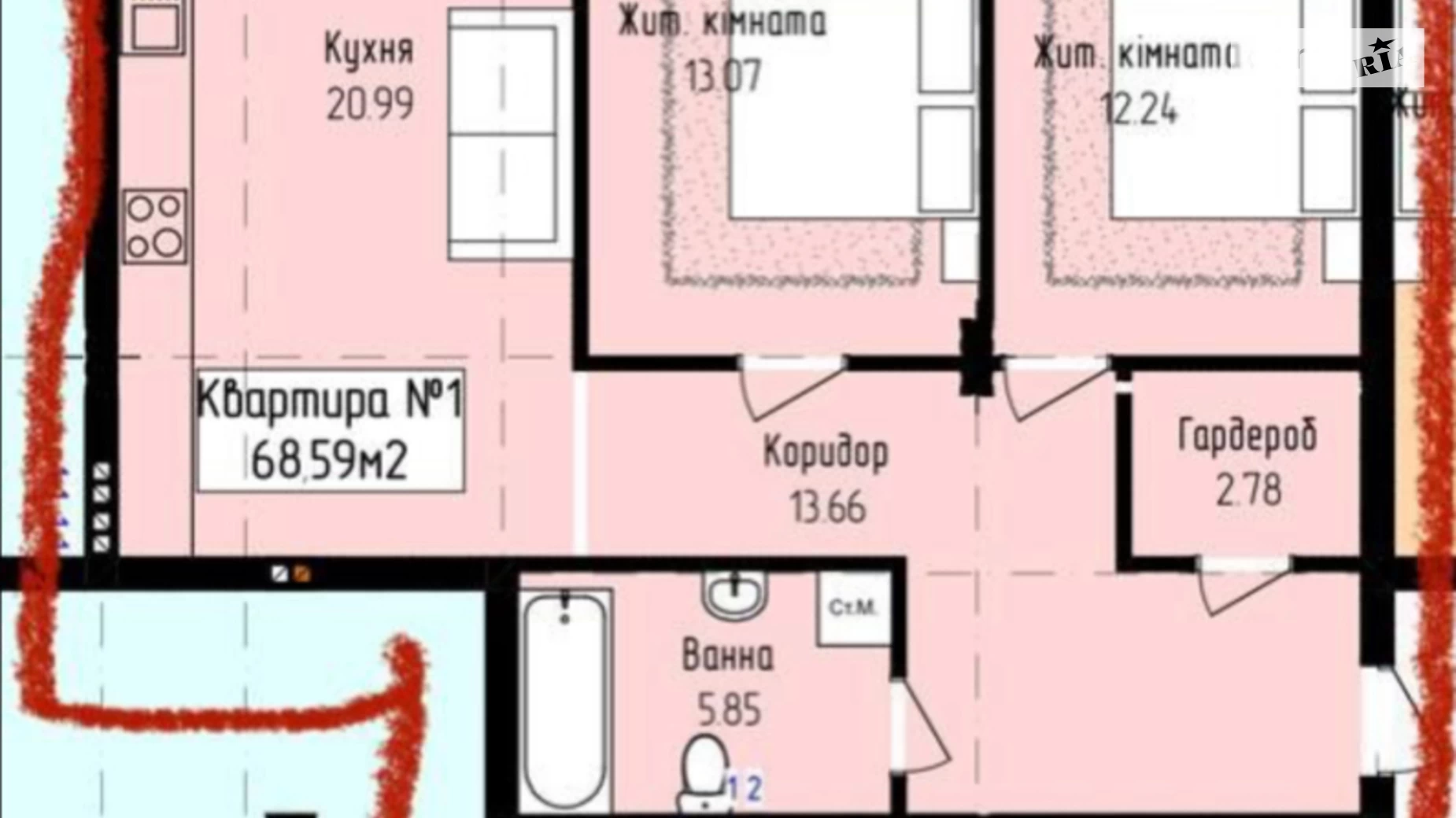 Продается 2-комнатная квартира 68.59 кв. м в Ужгороде, ул. Доманинская - фото 3