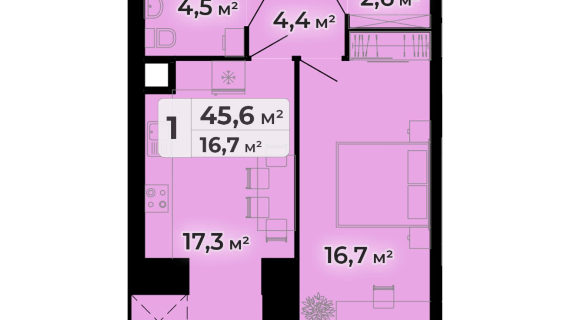 1-комнатная квартира 45.6 кв. м в Тернополе, ул. Довженко Александра, 14Б - фото 3