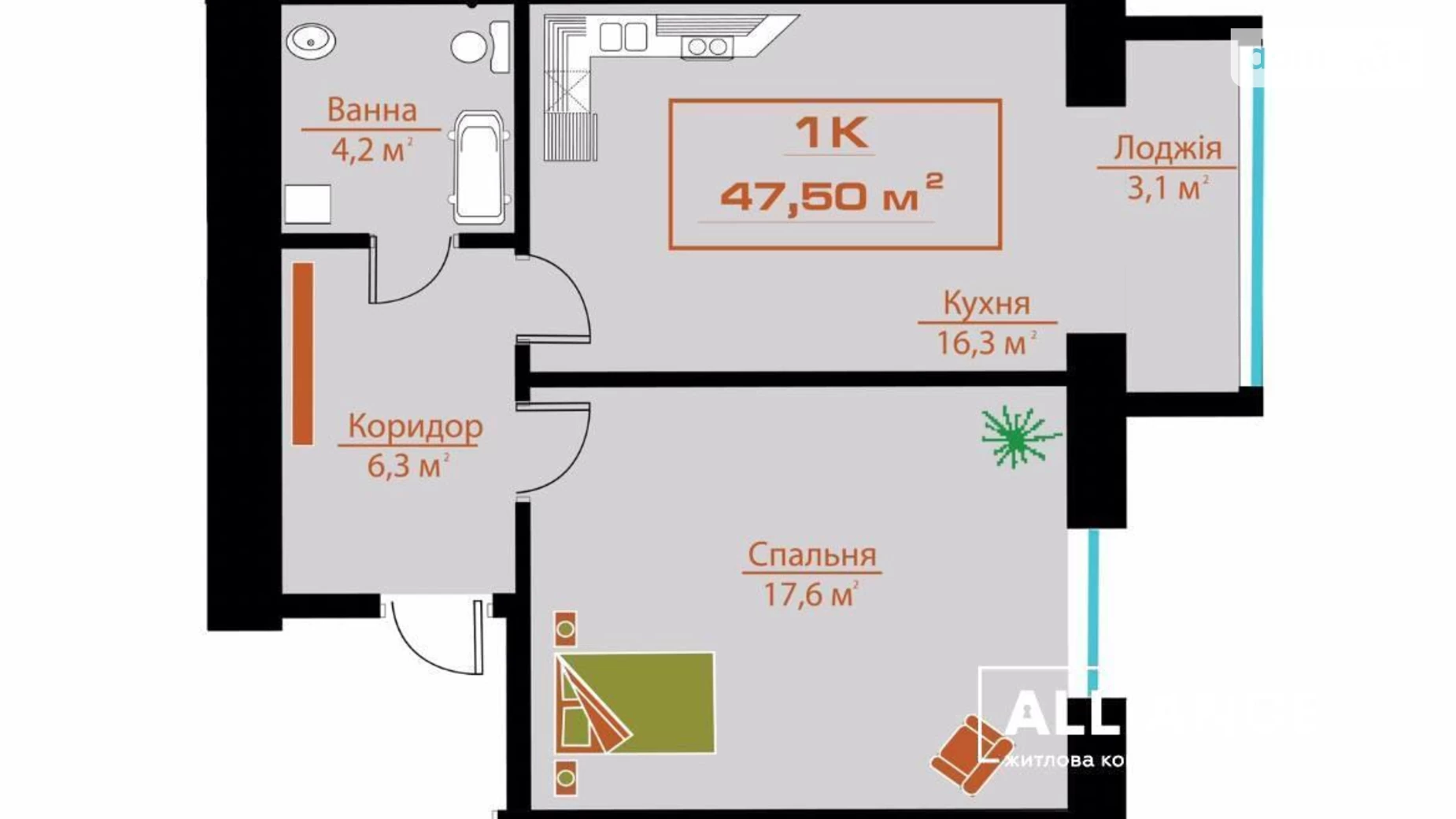 Продается 1-комнатная квартира 47.5 кв. м в Ивано-Франковске, ул. Независимости, 115А - фото 4