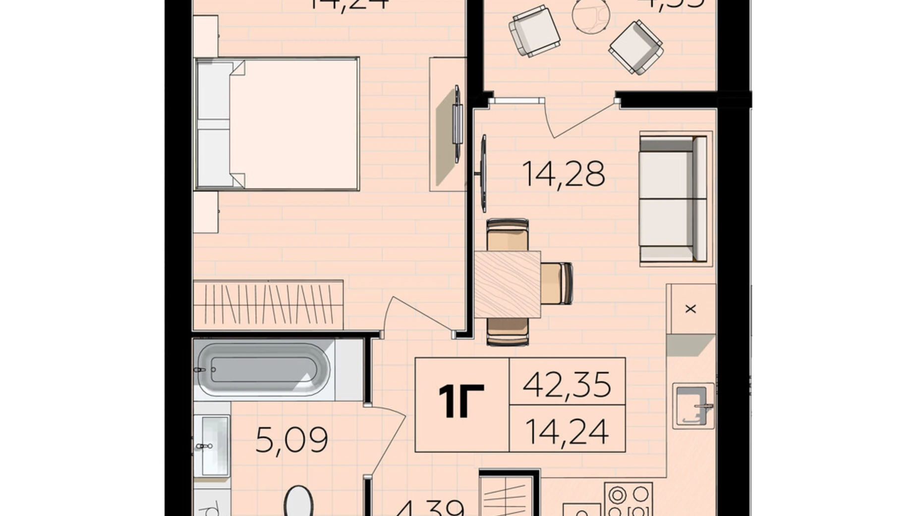 Продается 1-комнатная квартира 42.35 кв. м в Винницких Хуторах, Немировское шоссе, 94Е - фото 2