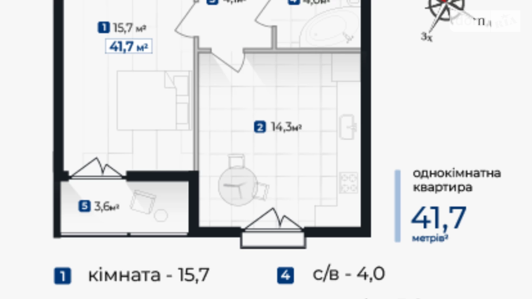 Продается 1-комнатная квартира 41.7 кв. м в Ивано-Франковске, ул. Довженко А., 31В корпус 5 - фото 2