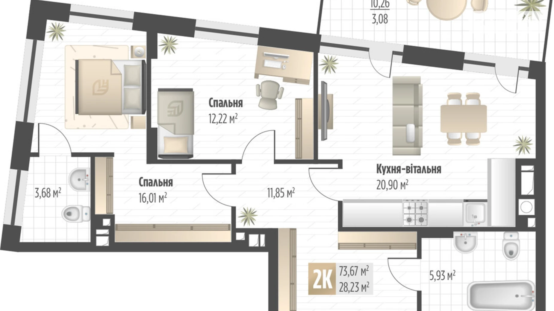 Продается 2-комнатная квартира 73.67 кв. м в Львове, ул. Орлика, 52 - фото 2