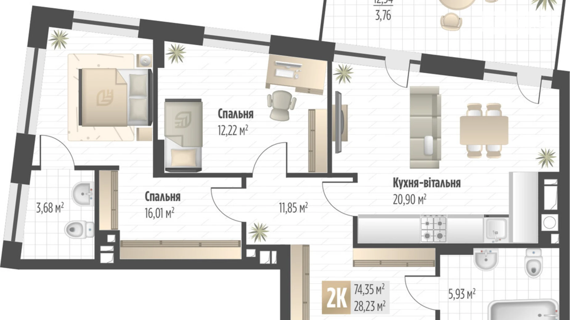 Продается 2-комнатная квартира 74.35 кв. м в Львове, ул. Орлика, 52 - фото 2