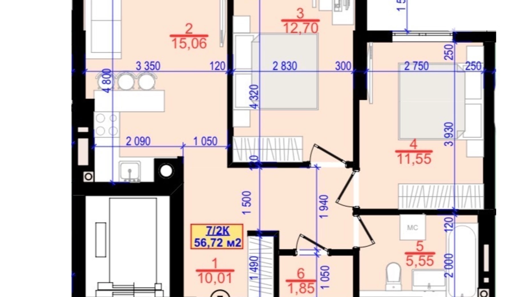 Продается 2-комнатная квартира 56.72 кв. м в Ивано-Франковске, ул. Национальной Гвардии(Советской Армии), 3 - фото 3
