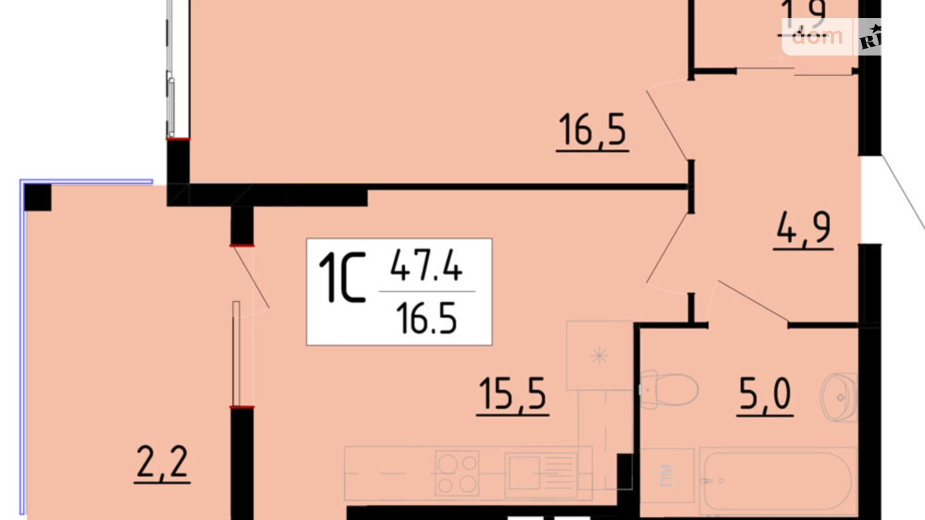 Продается 1-комнатная квартира 47.4 кв. м в Байковцах, ул. Академика Королева, 7Д - фото 2