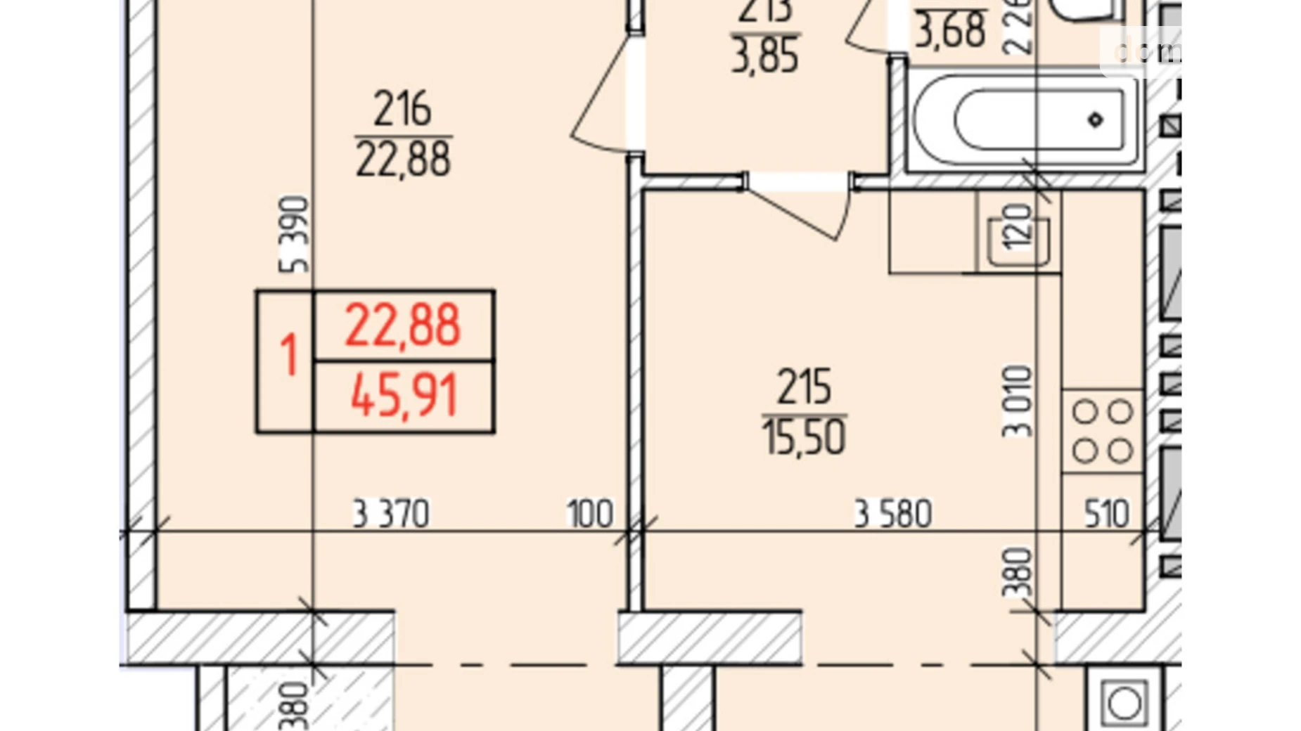 Продается 1-комнатная квартира 45.91 кв. м в Хмельницком, ул. Нижняя Береговая, 2/4 - фото 2
