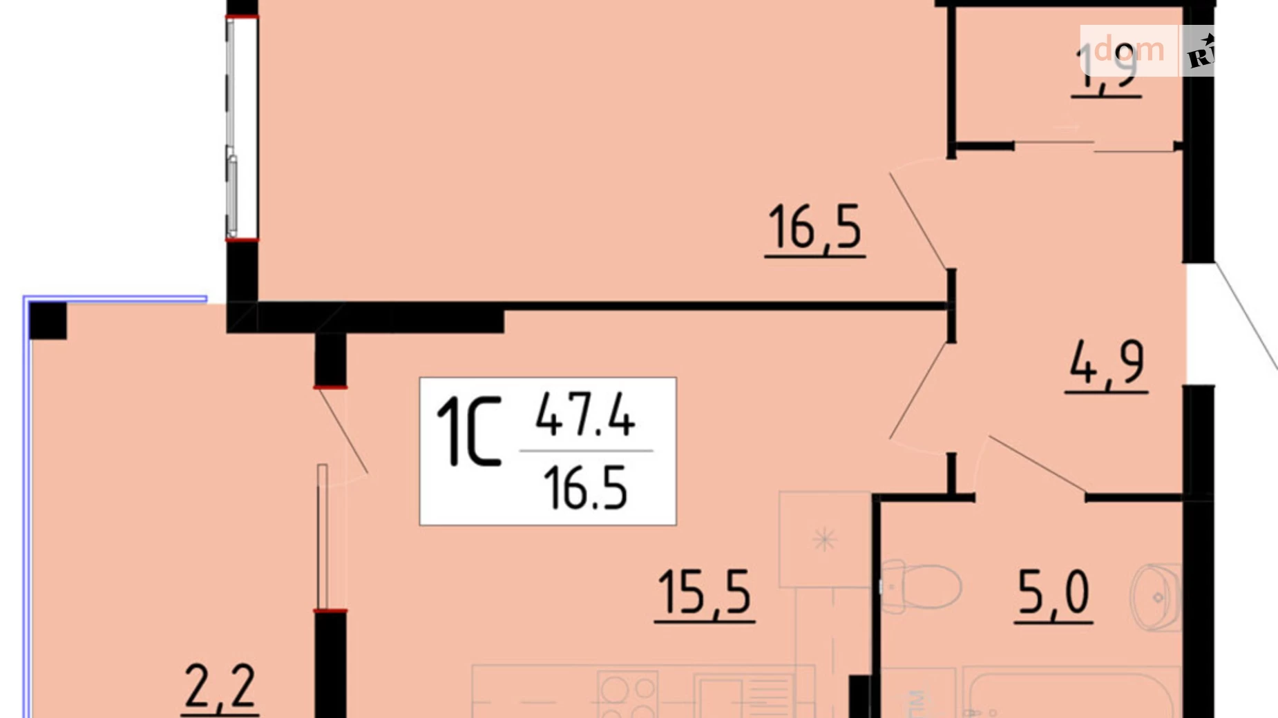Продается 1-комнатная квартира 47.4 кв. м в Байковцах, ул. Академика Королева, 7Д - фото 3