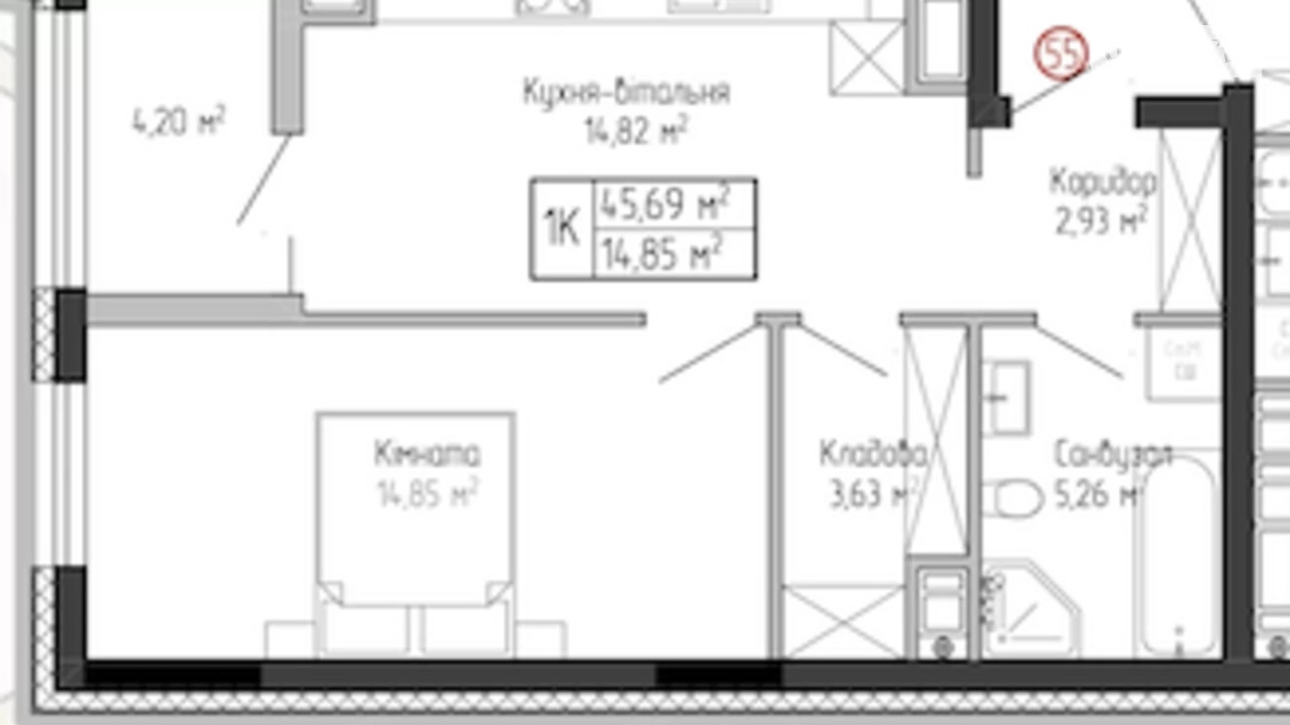 1-кімнатна квартира 45.69 кв. м у Тернополі, вул. Спортивна, 8 - фото 2