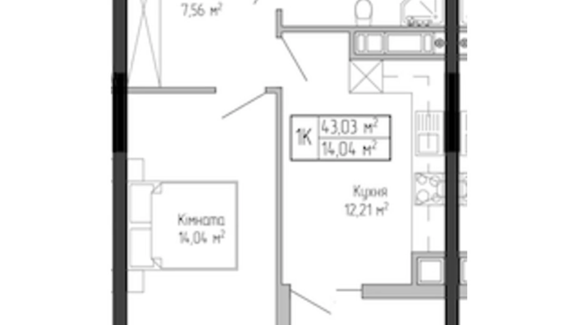 1-комнатная квартира 43.03 кв. м в Тернополе, ул. Спортивная, 8 - фото 3