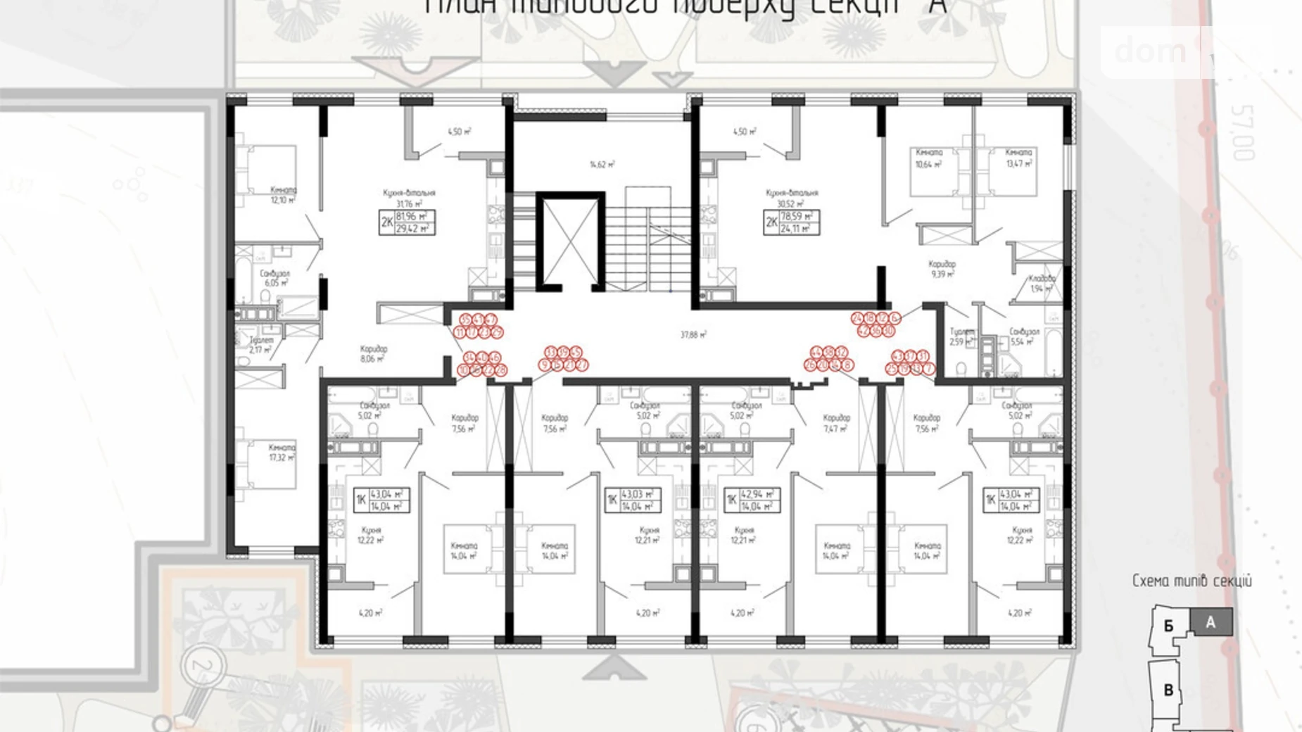 1-комнатная квартира 43.04 кв. м в Тернополе, ул. Спортивная, 8 - фото 2