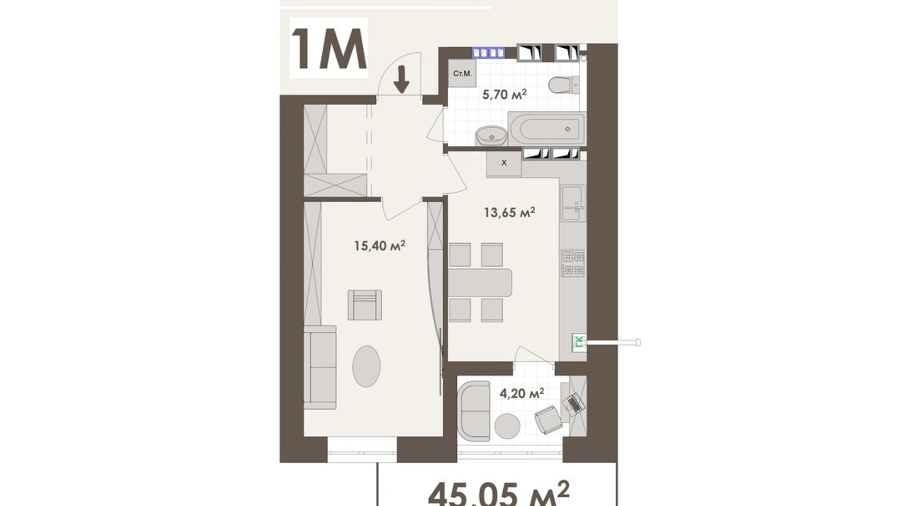 Продается 1-комнатная квартира 45.05 кв. м в Виннице, ул. Стрелецкая, 23 - фото 3