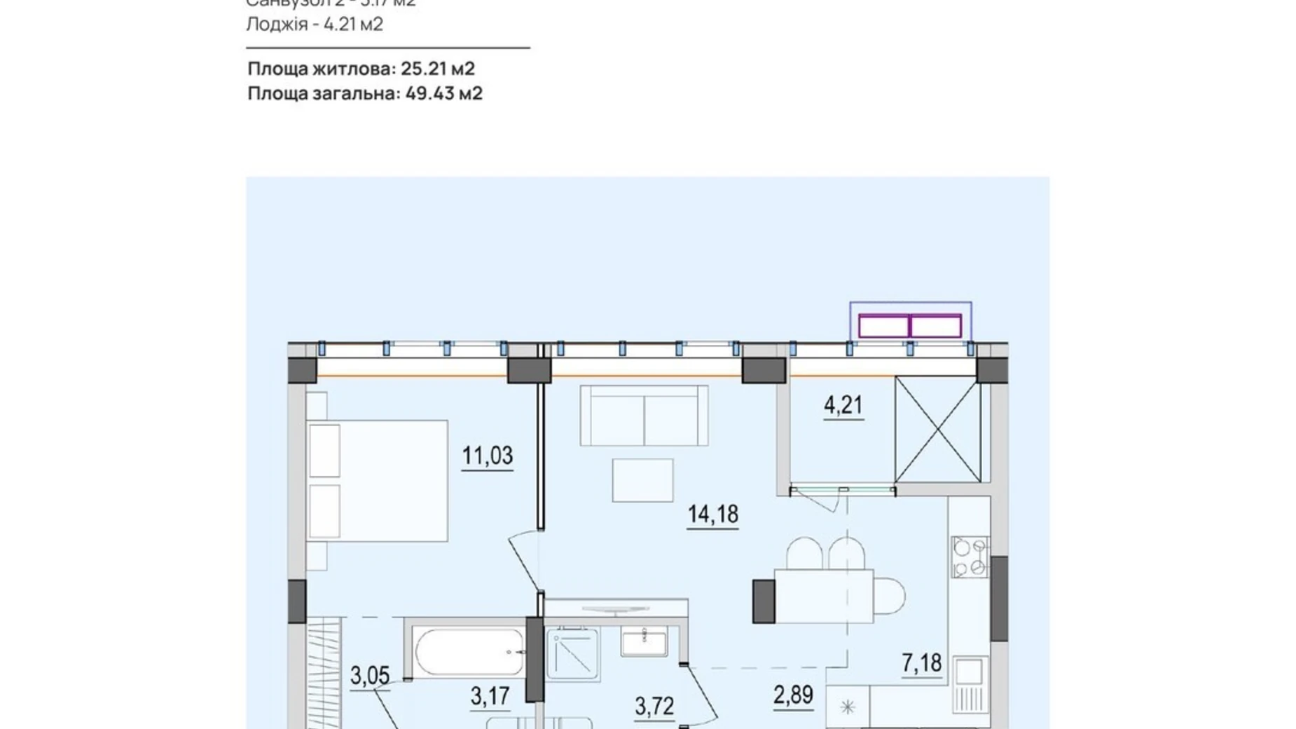 Продается 2-комнатная квартира 49.43 кв. м в Виннице, ул. Келецкая, 121 - фото 2