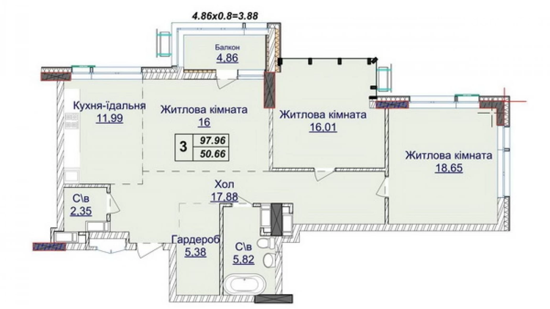 Продается 3-комнатная квартира 97.96 кв. м в Киеве, ул. Андрея Верхогляда(Драгомирова) - фото 5