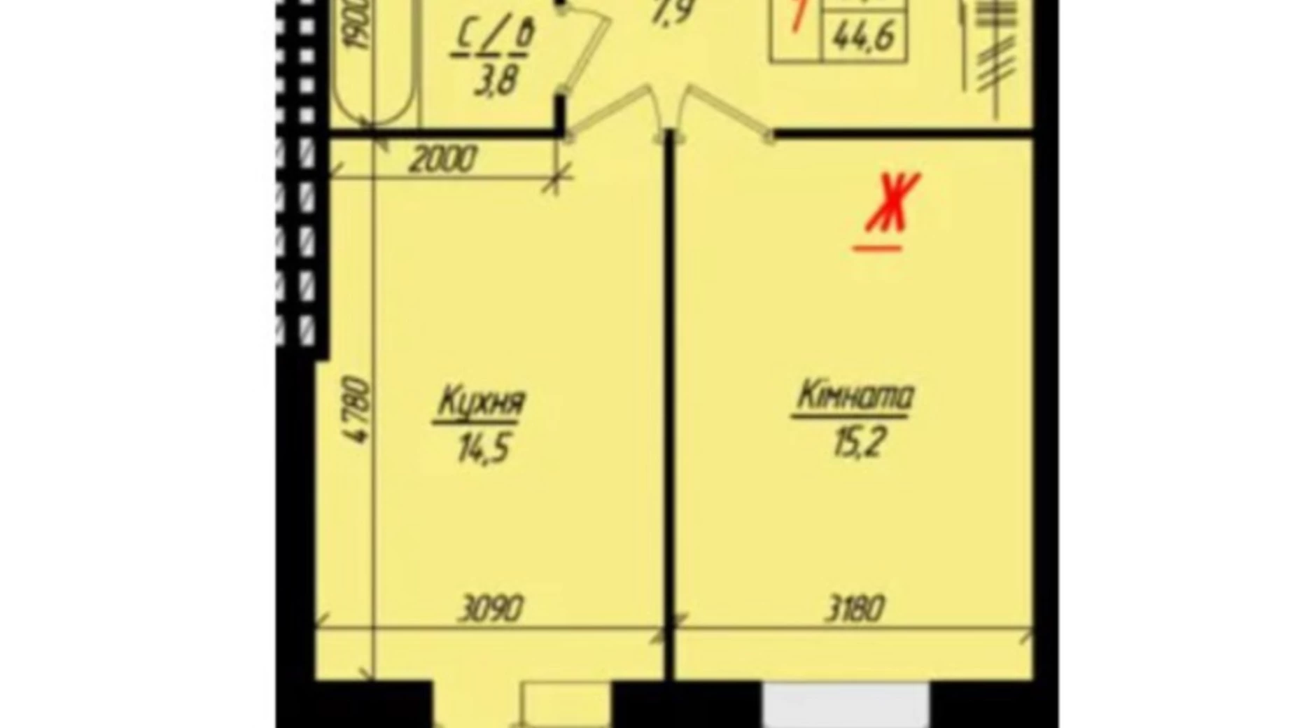 1-комнатная квартира 46 кв. м в Тернополе, ул. Глубокая Долина - фото 2