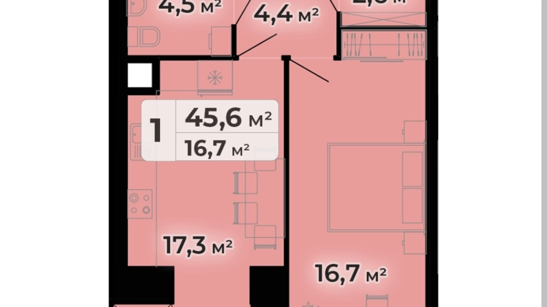 1-комнатная квартира 45.6 кв. м в Тернополе, ул. Довженко Александра - фото 2