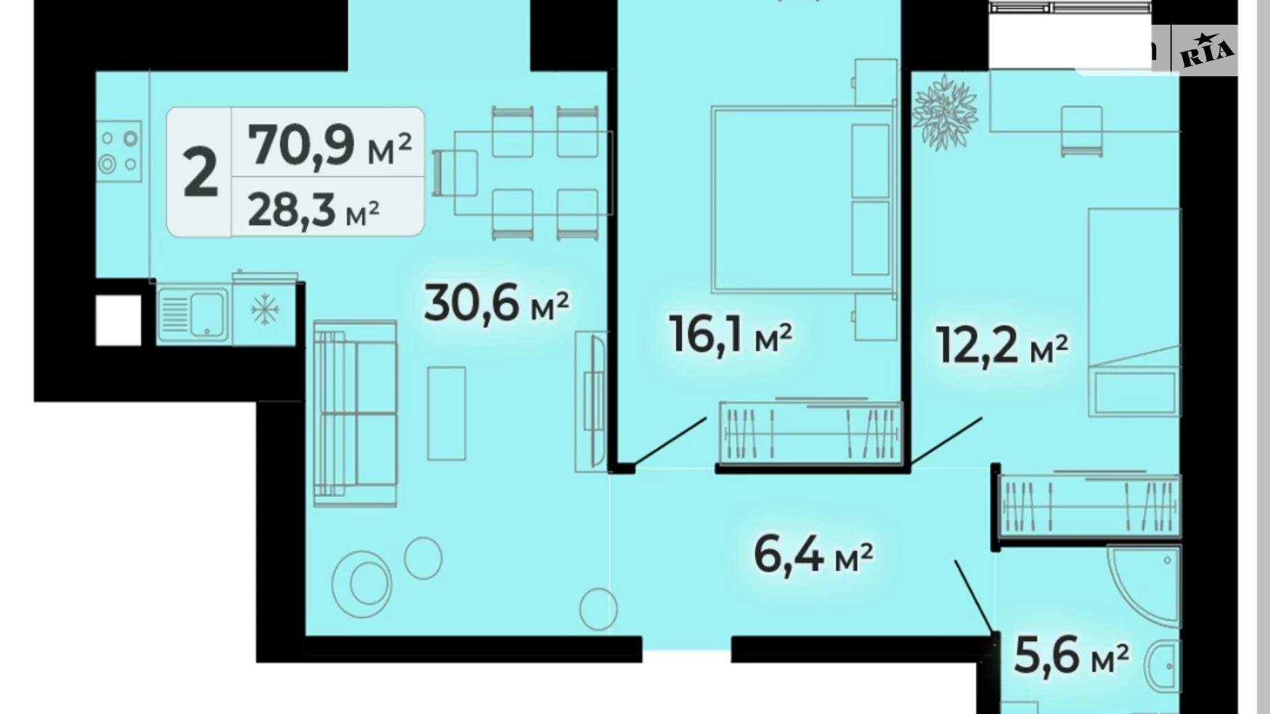 2-комнатная квартира 70.9 кв. м в Тернополе, ул. Довженко Александра - фото 2