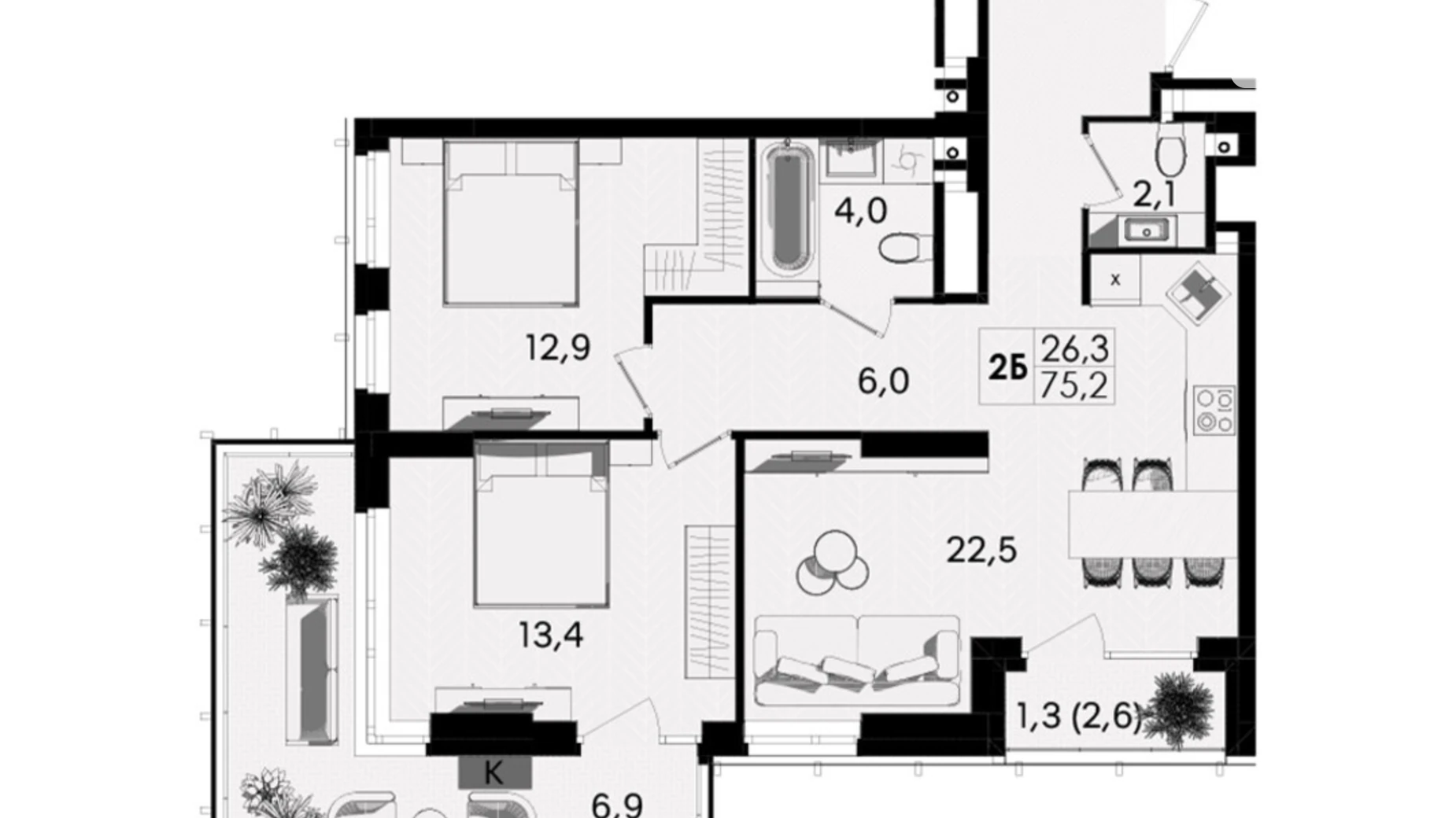 Продается 2-комнатная квартира 75.2 кв. м в Виннице, ул. Келецкая, 1 - фото 2