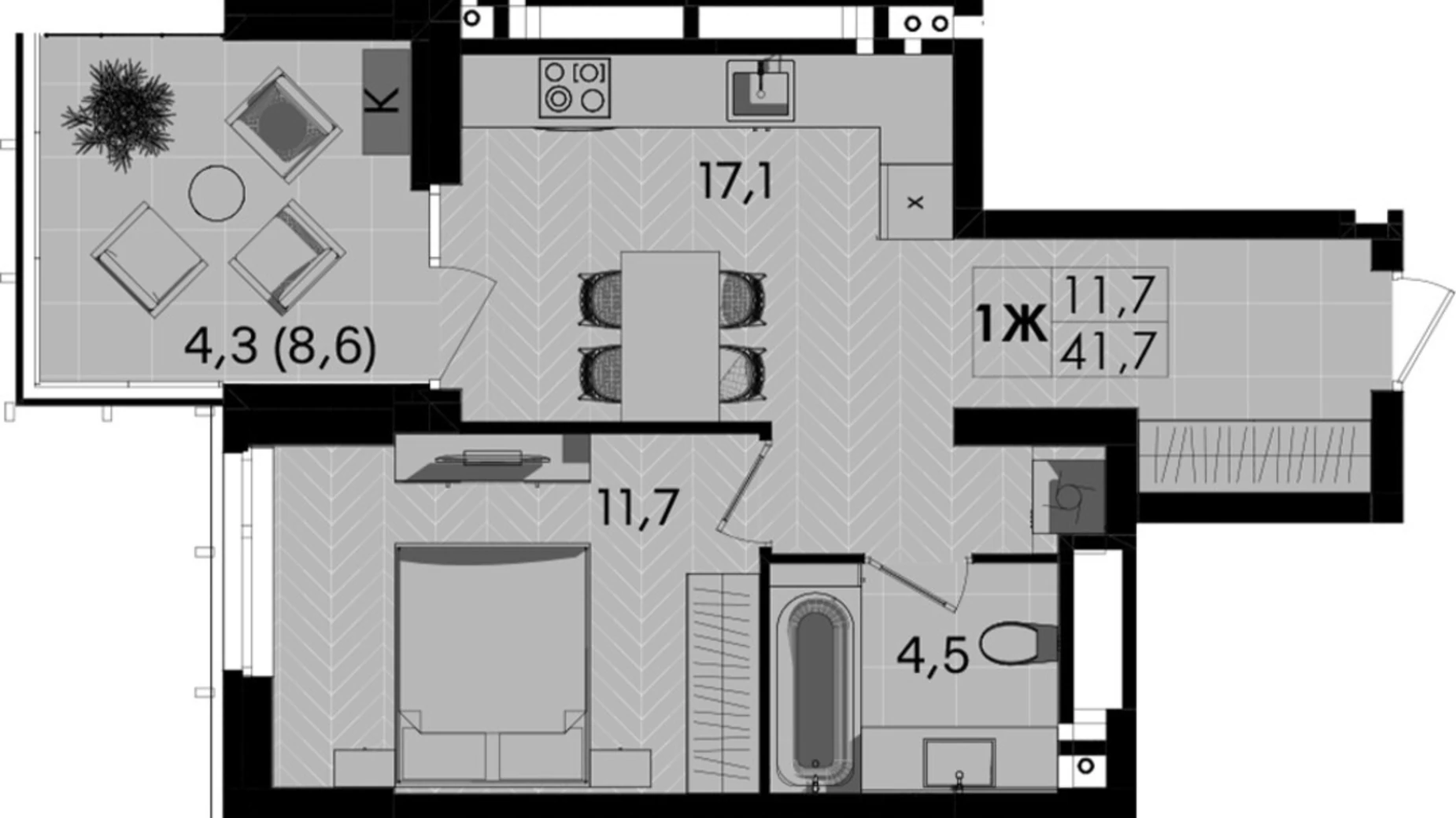 Продается 1-комнатная квартира 41.7 кв. м в Виннице, ул. Келецкая, 1 - фото 2