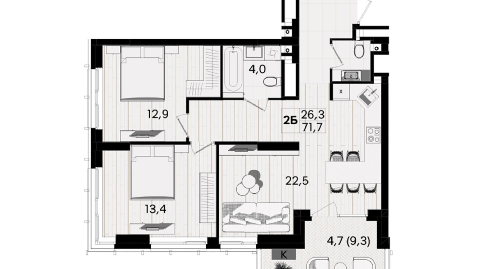 Продается 2-комнатная квартира 71.7 кв. м в Виннице, ул. Келецкая, 1 - фото 2