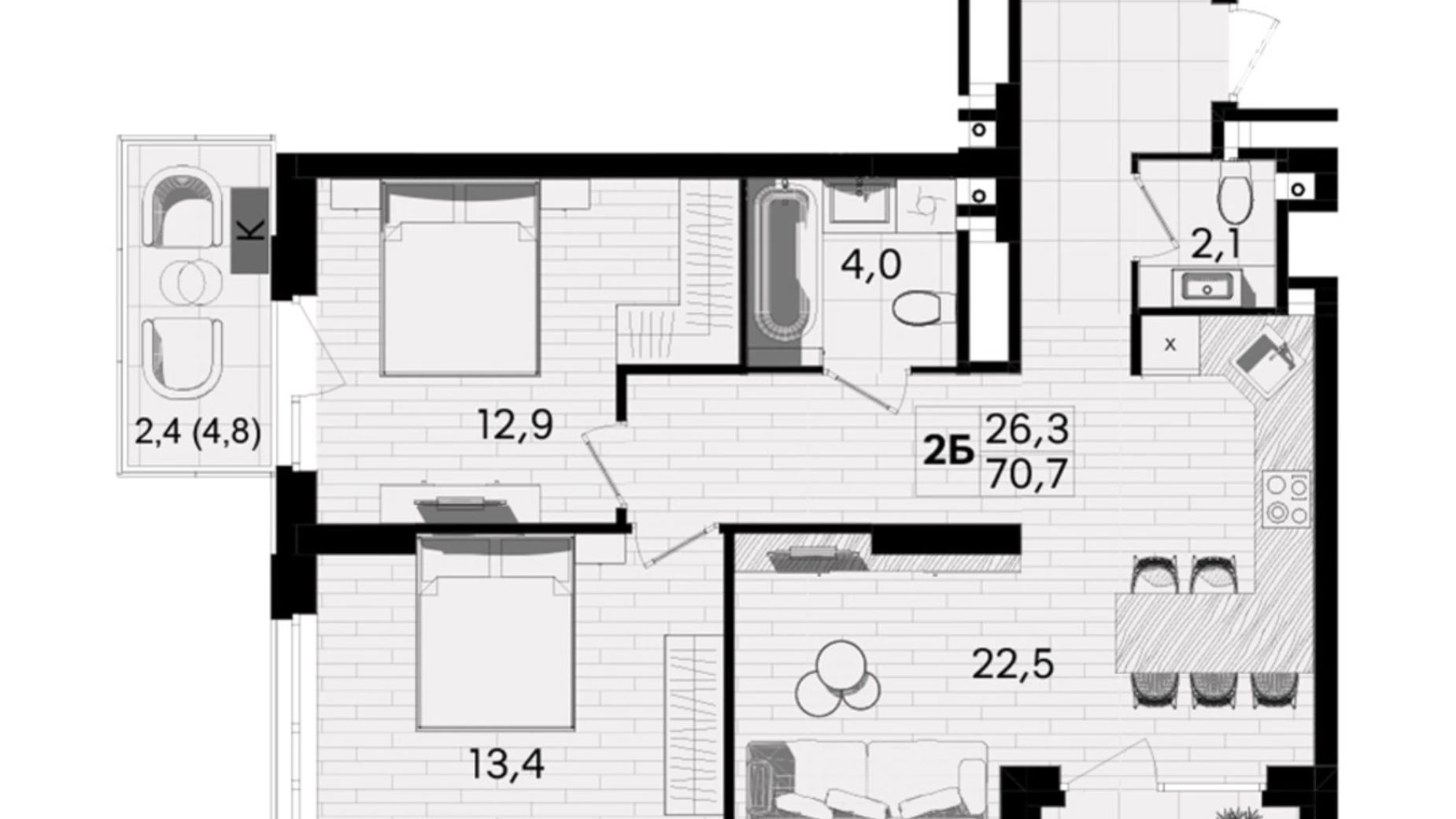 Продается 2-комнатная квартира 70.7 кв. м в Виннице, ул. Келецкая, 1 - фото 2