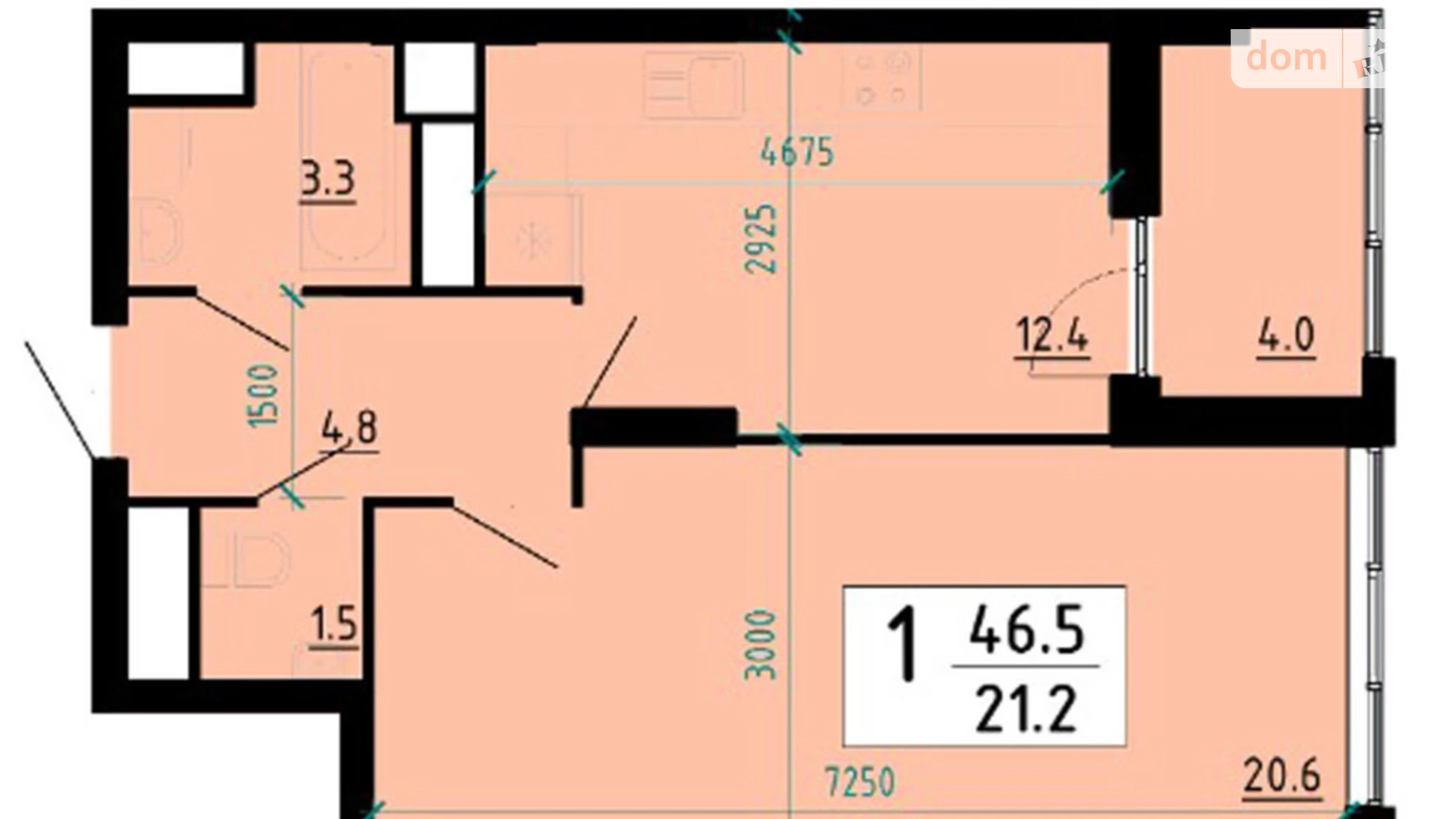 1-комнатная квартира 46.4 кв. м в Тернополе, ул. Глиняная, 10 - фото 4