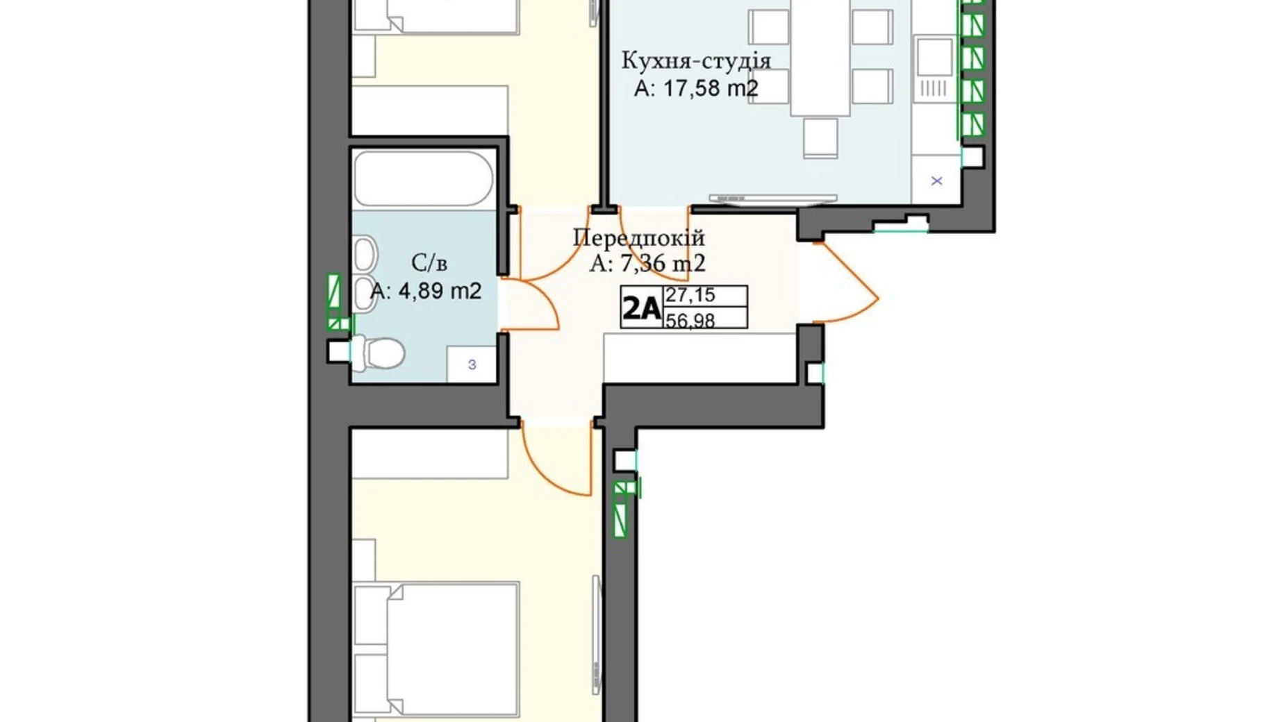 Продается 2-комнатная квартира 56.98 кв. м в, цена: 64102 $ - фото 2
