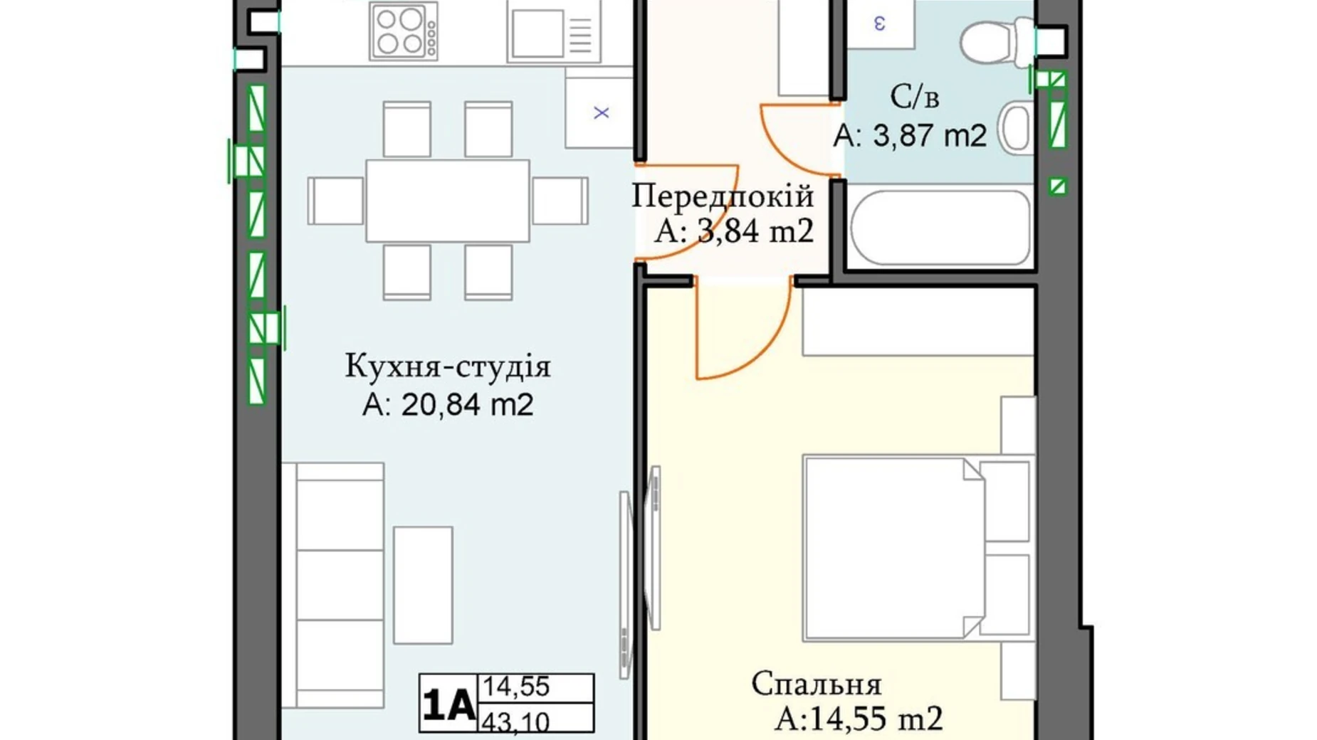 Продается 1-комнатная квартира 43.1 кв. м в, цена: 50642 $ - фото 2