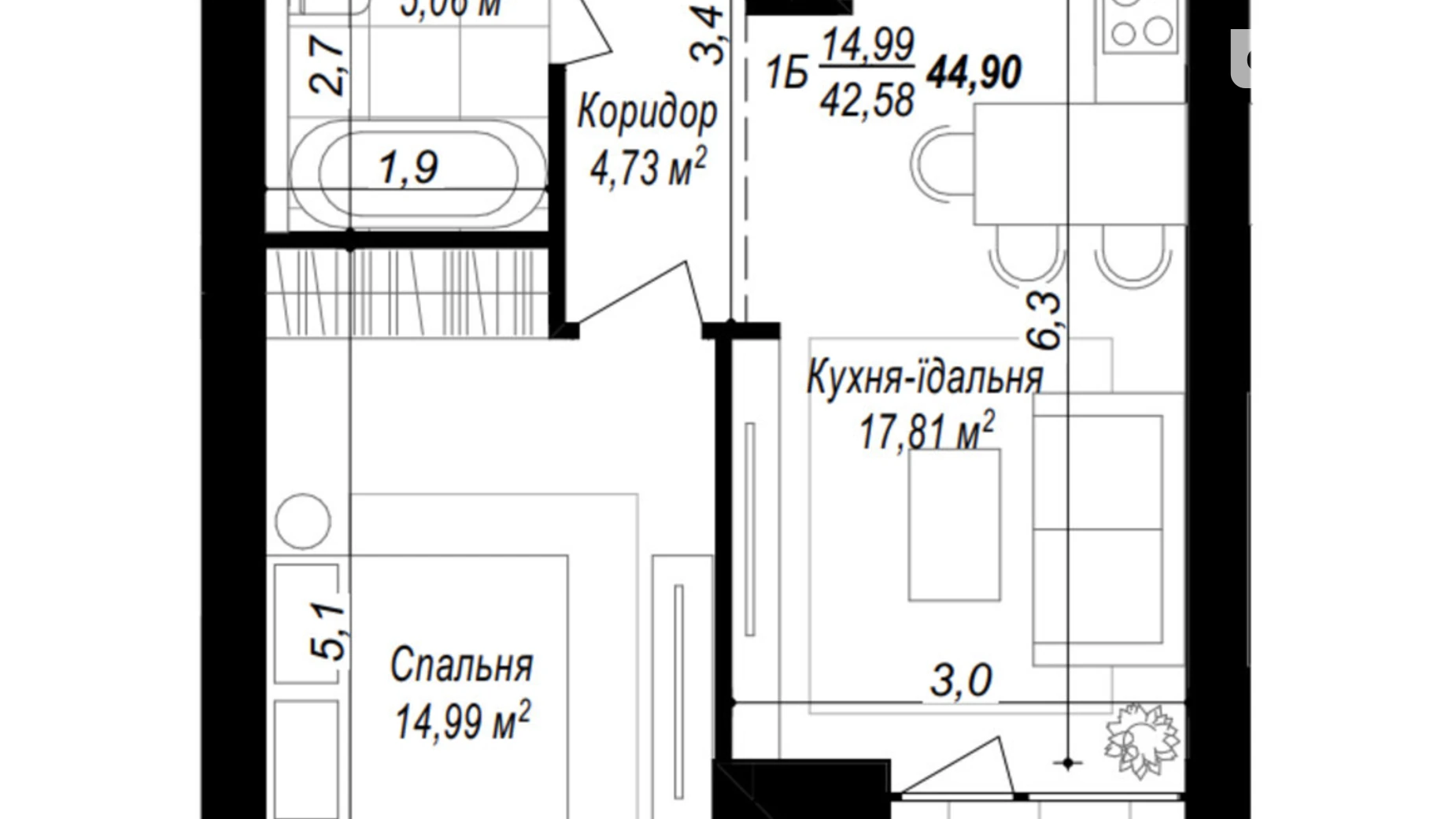 Продається 1-кімнатна квартира 44.9 кв. м у Хмельницькому, вул. 2-а Отрадна, 1 - фото 2