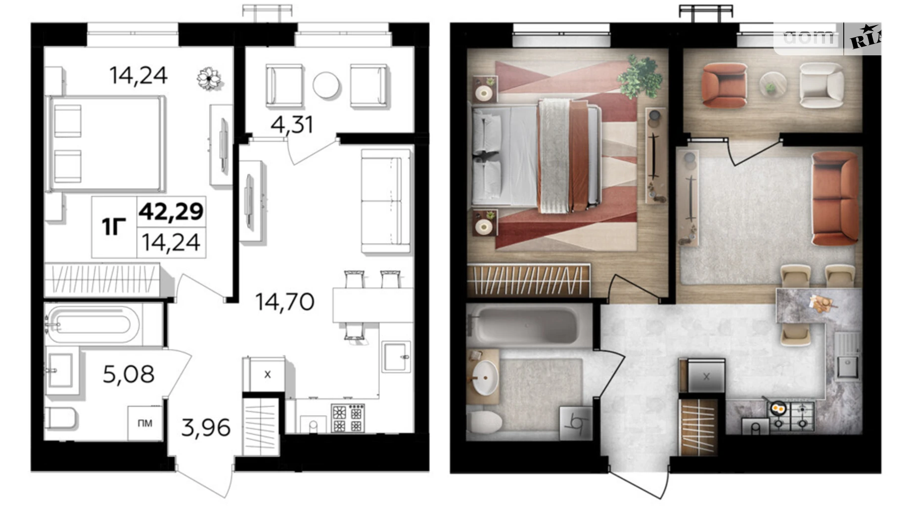 Продается 1-комнатная квартира 42.29 кв. м в Винницких Хуторах, Немировское шоссе, 94Е - фото 2