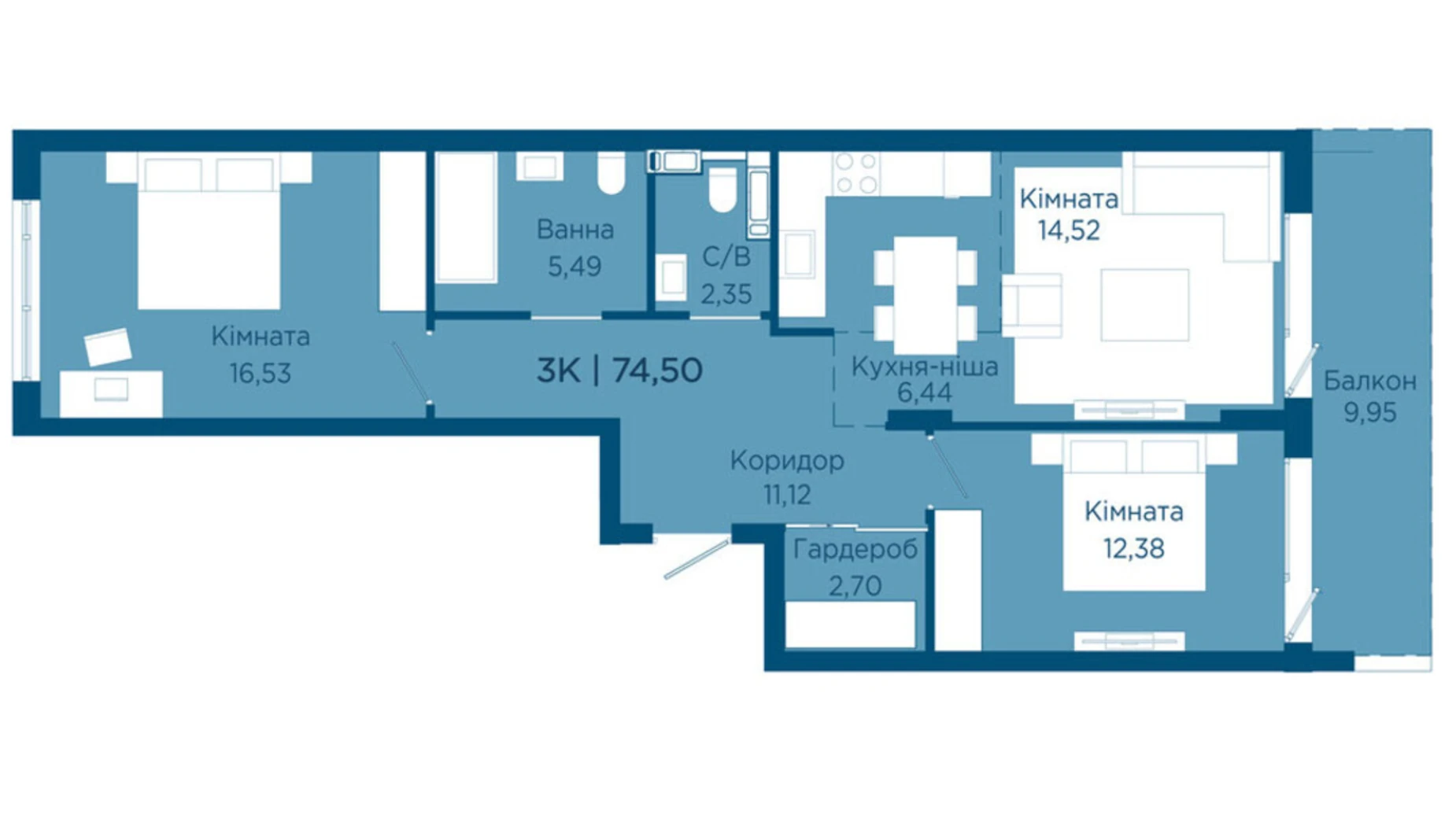 Продается 3-комнатная квартира 74.5 кв. м в Криховцах, ул. Физкультурная, 27 - фото 2