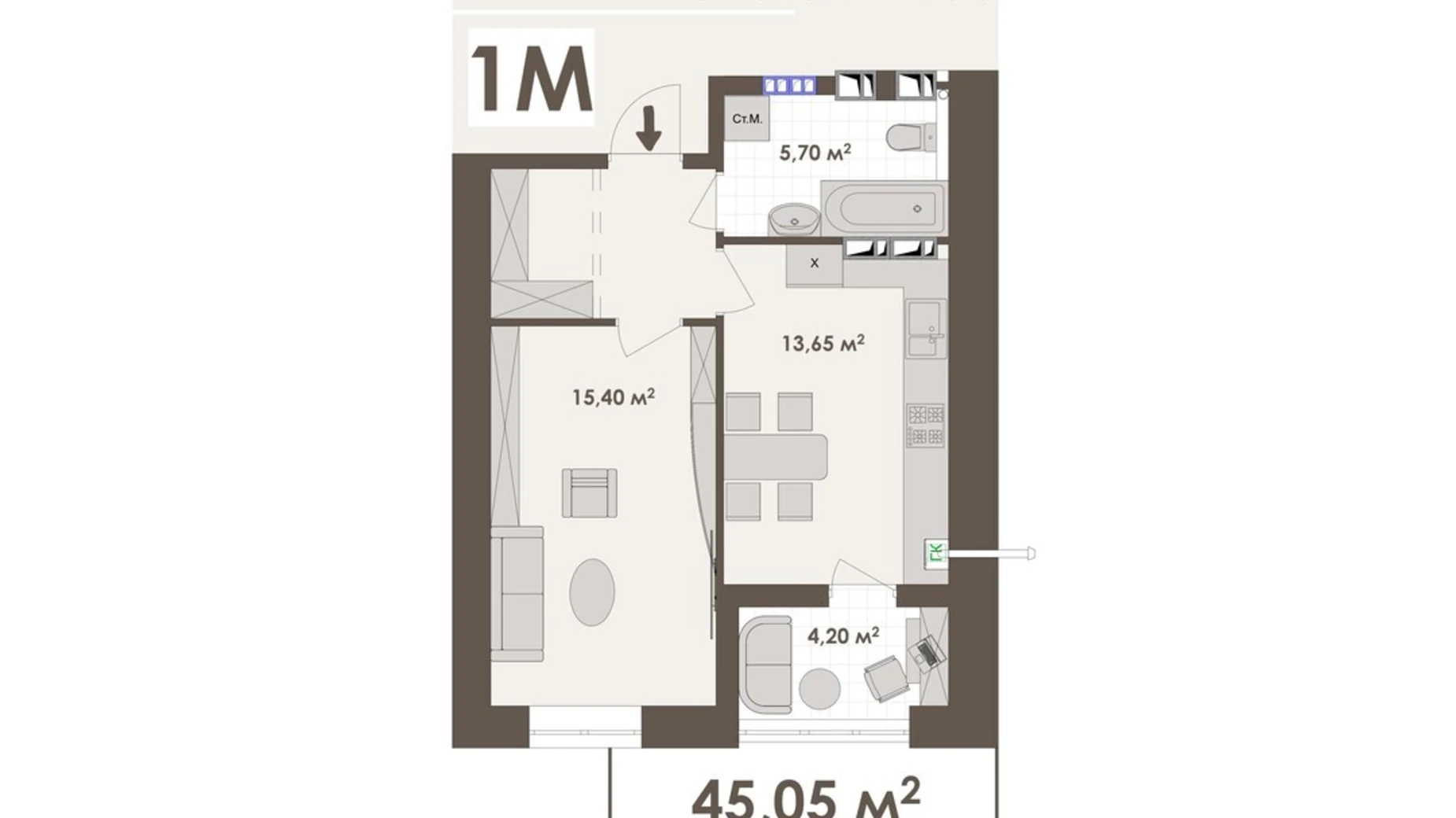 Продается 1-комнатная квартира 45.05 кв. м в Виннице, ул. Стрелецкая, 23 - фото 2
