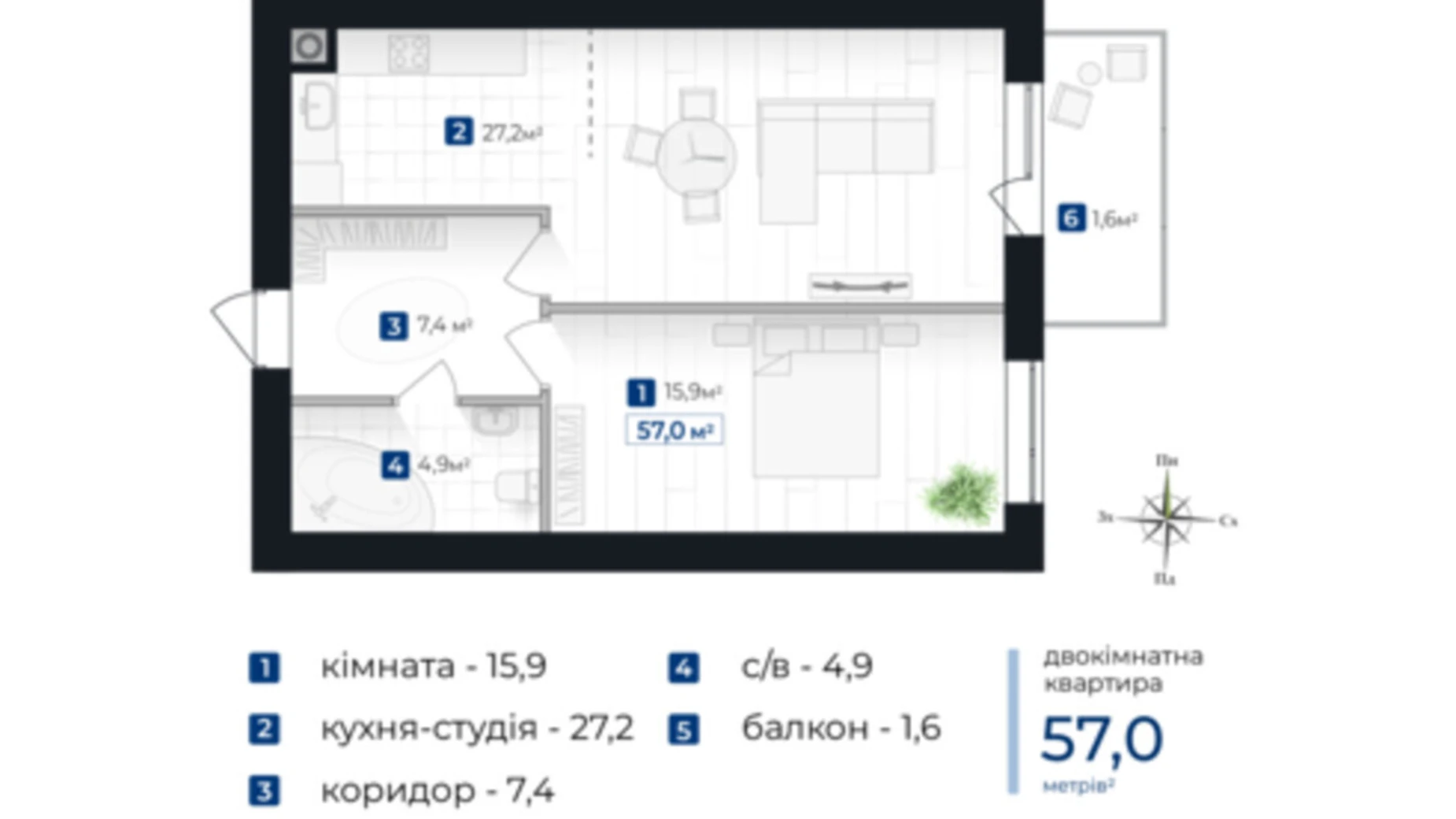 Продається 2-кімнатна квартира 57 кв. м у Івано-Франківську, вул. Коновальця Євгена, 1 - фото 2