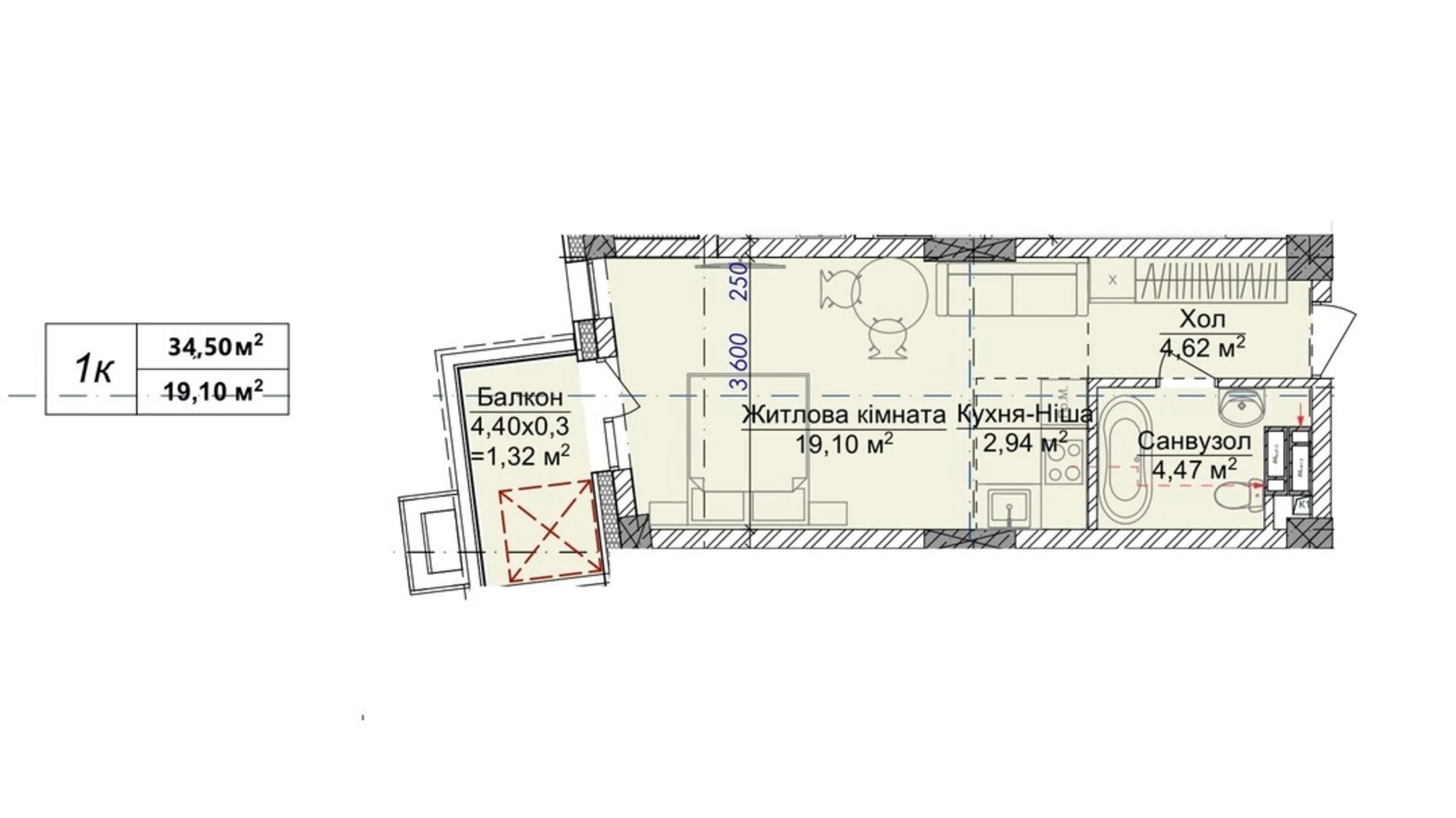 Продается 1-комнатная квартира 34.5 кв. м в, цена: 39675 $ - фото 2