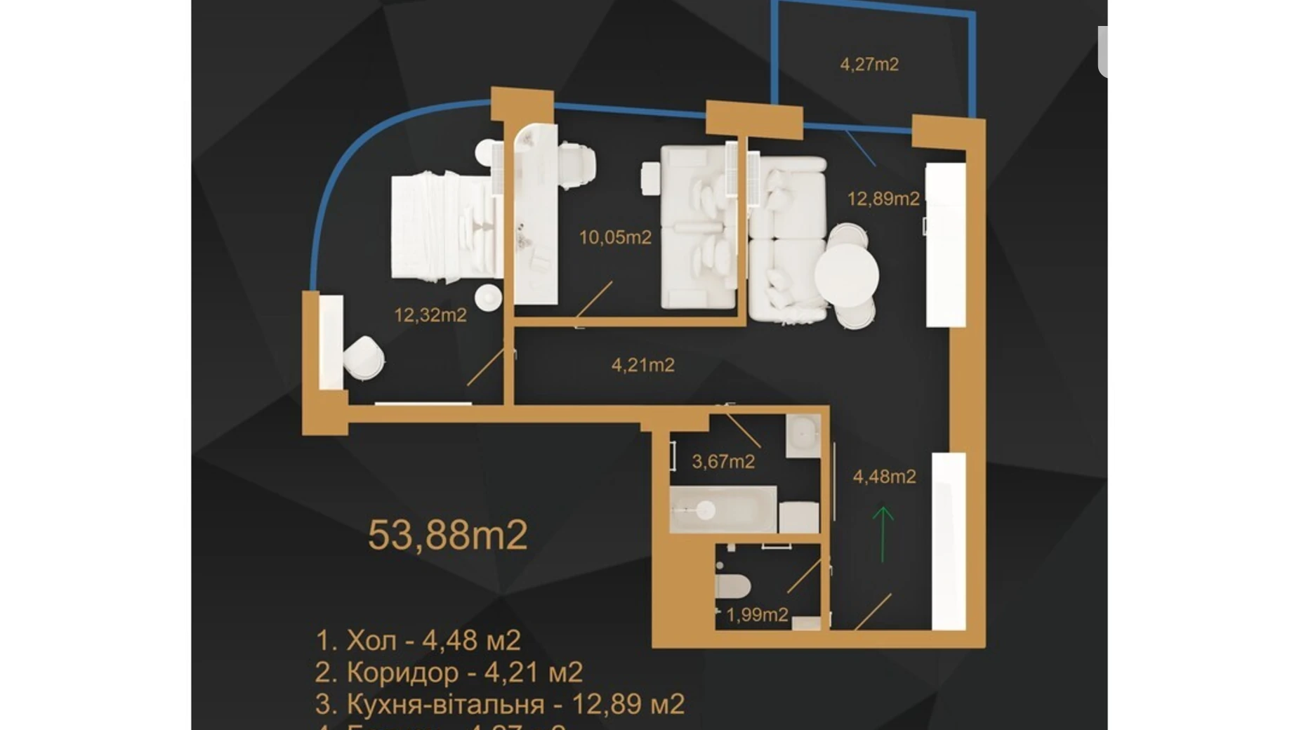 Продается 2-комнатная квартира 53.88 кв. м в Ужгороде, ул. Грушевского, 4А - фото 2