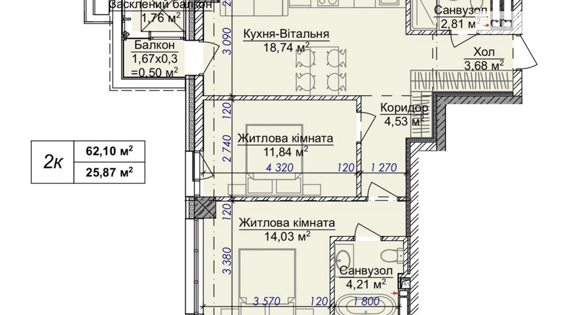 Продається 2-кімнатна квартира 62.1 кв. м у Ужгороді, вул. Грушевського, 4А - фото 2