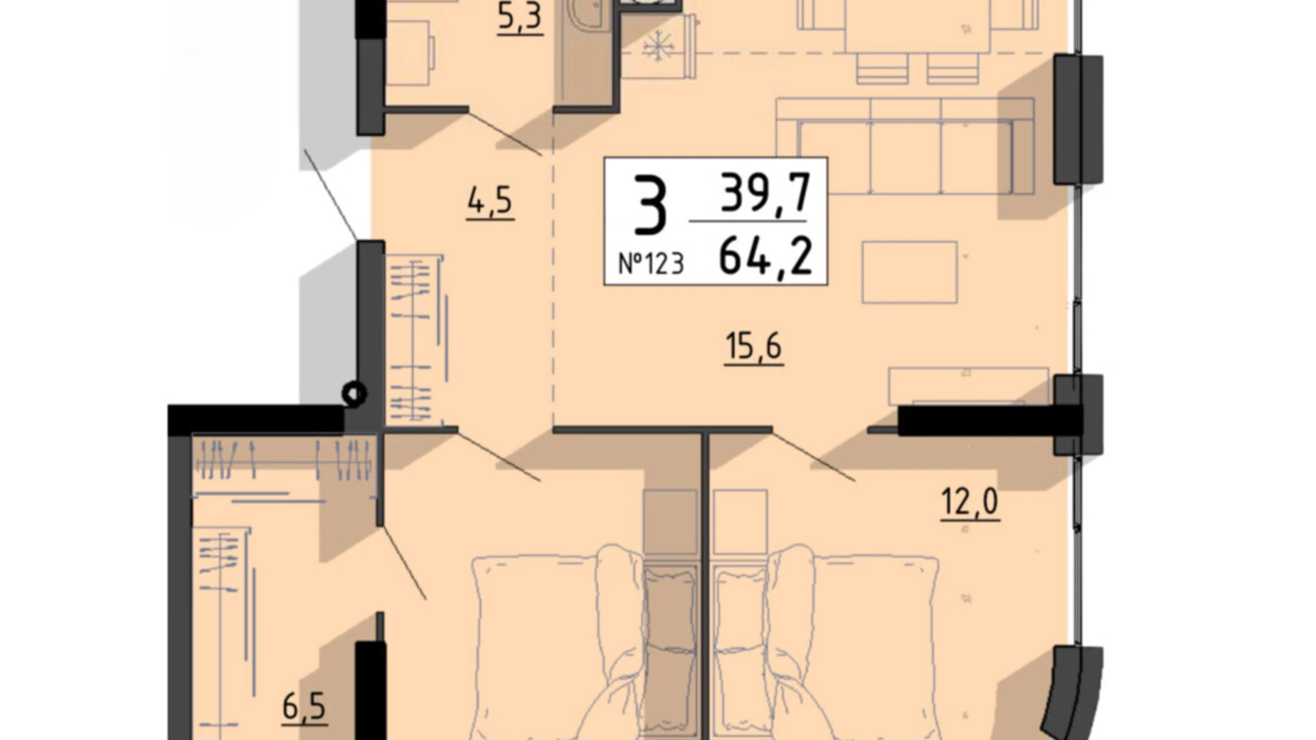 3-комнатная квартира 64.2 кв. м в Тернополе, ул. Билецкая, 56 - фото 2