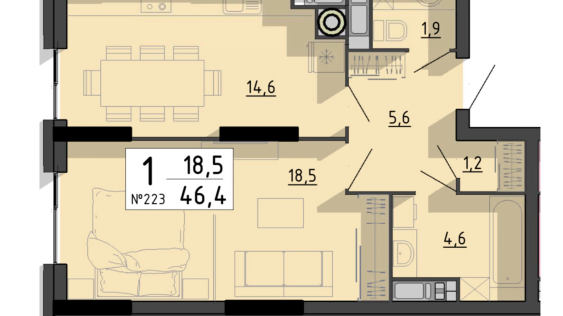 1-комнатная квартира 46.4 кв. м в Тернополе, ул. Билецкая, 56 - фото 2