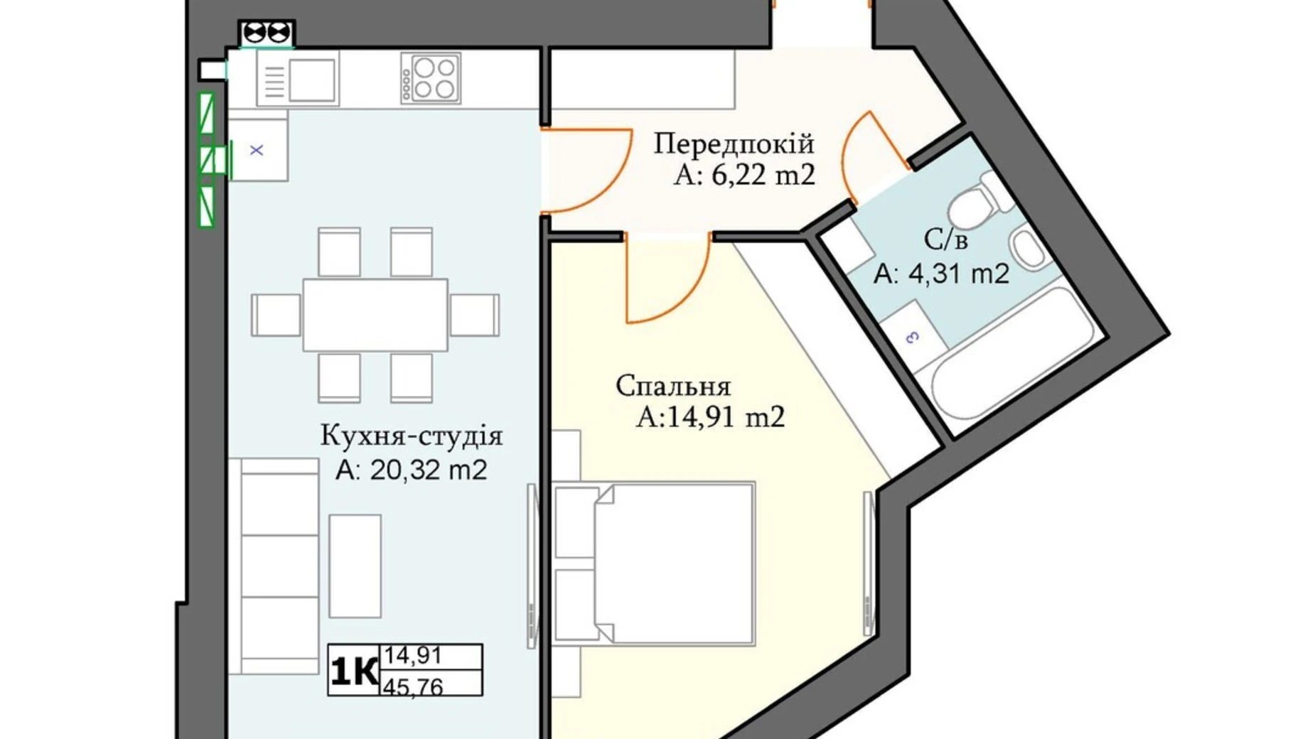 Продается 1-комнатная квартира 45.76 кв. м в, цена: 53768 $ - фото 2