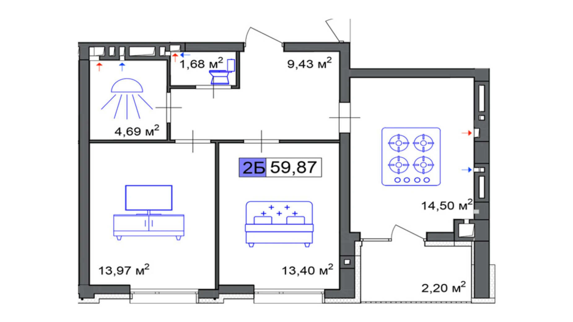 Продається 2-кімнатна квартира 59.87 кв. м у Черкасах, вул. Маламужа Олександра, 31 - фото 2