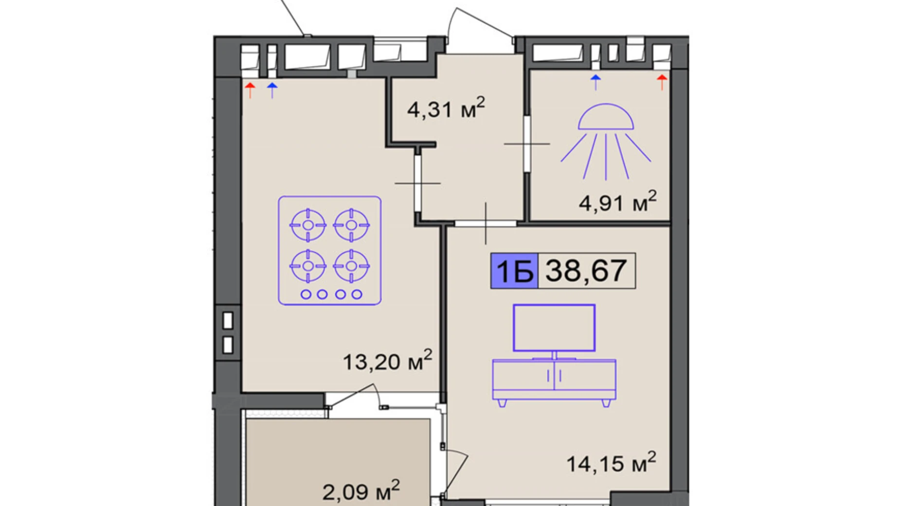 Продається 1-кімнатна квартира 38.67 кв. м у Черкасах, вул. Маламужа Олександра, 31 - фото 2