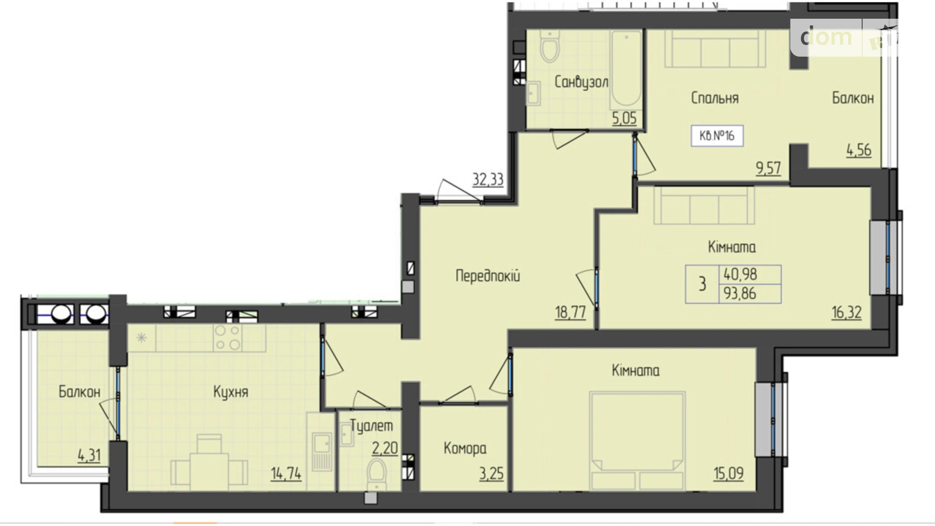 Продается 3-комнатная квартира 93.86 кв. м в Мукачеве, цена: 78771 $ - фото 2